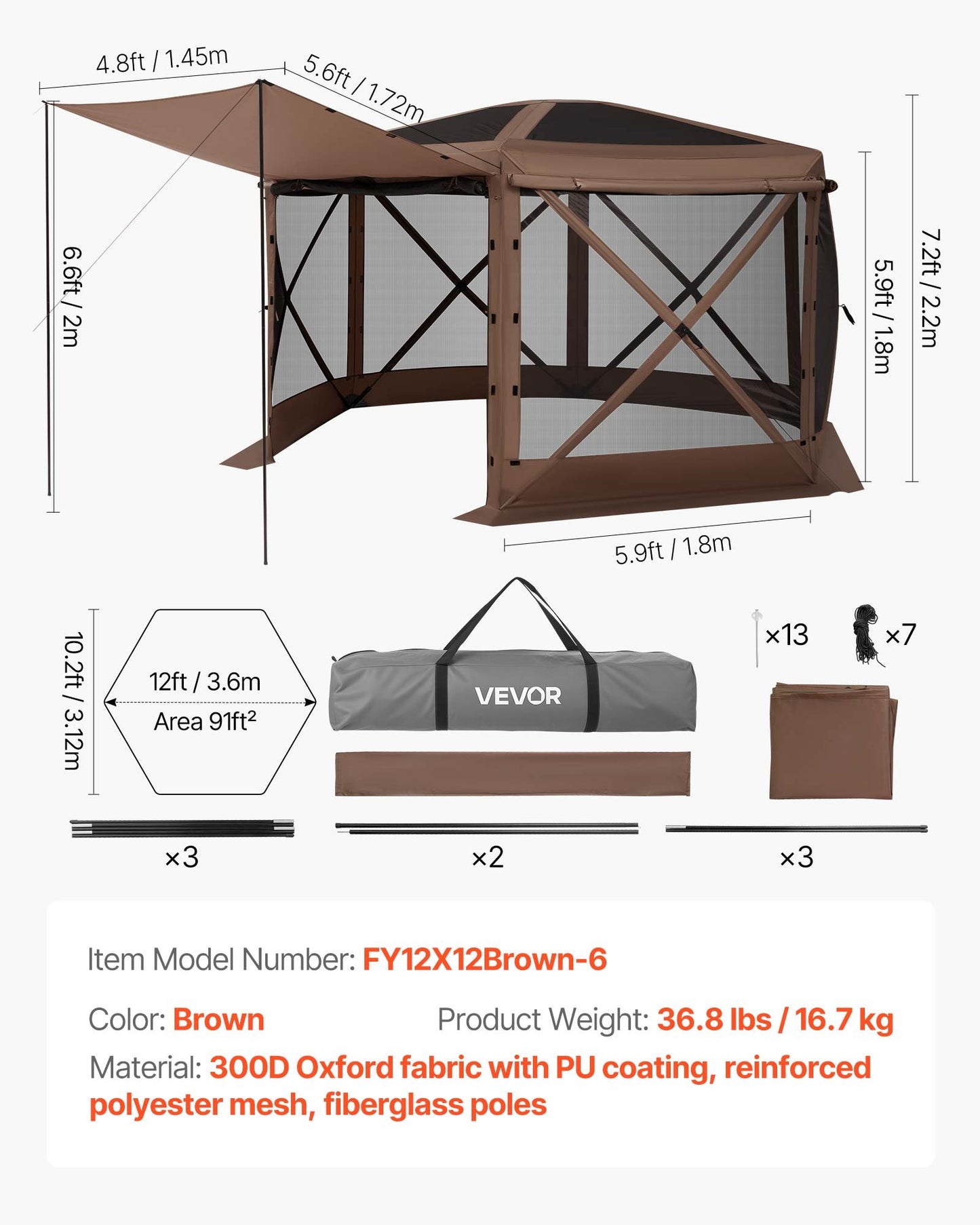 Pop up Gazebo Screen Tent, 12 x 12 ft Large 6-Sided Camping Canopy Tent with Removable Top & Carry Bag, Quick-Set & Bite-Proof, Screen House Sun Shelter for 8-10 Persons Backyard Patio, Brown