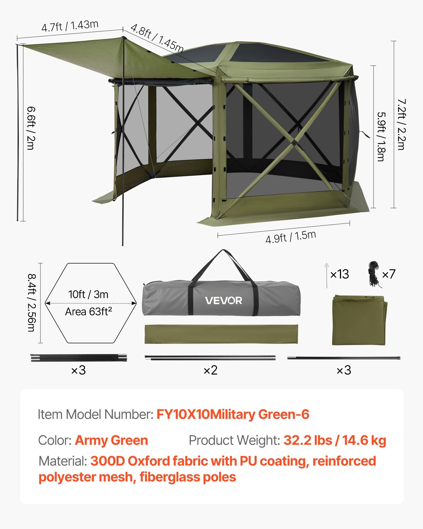 Pop up Gazebo Screen Tent, 10 x 10 ft Large 6-Sided Camping Canopy Tent with Removable Top & Carry Bag, Quick-Set & Bite-Proof, Screen House Sun Shelter for 6-8 Persons Backyard Patio, Green