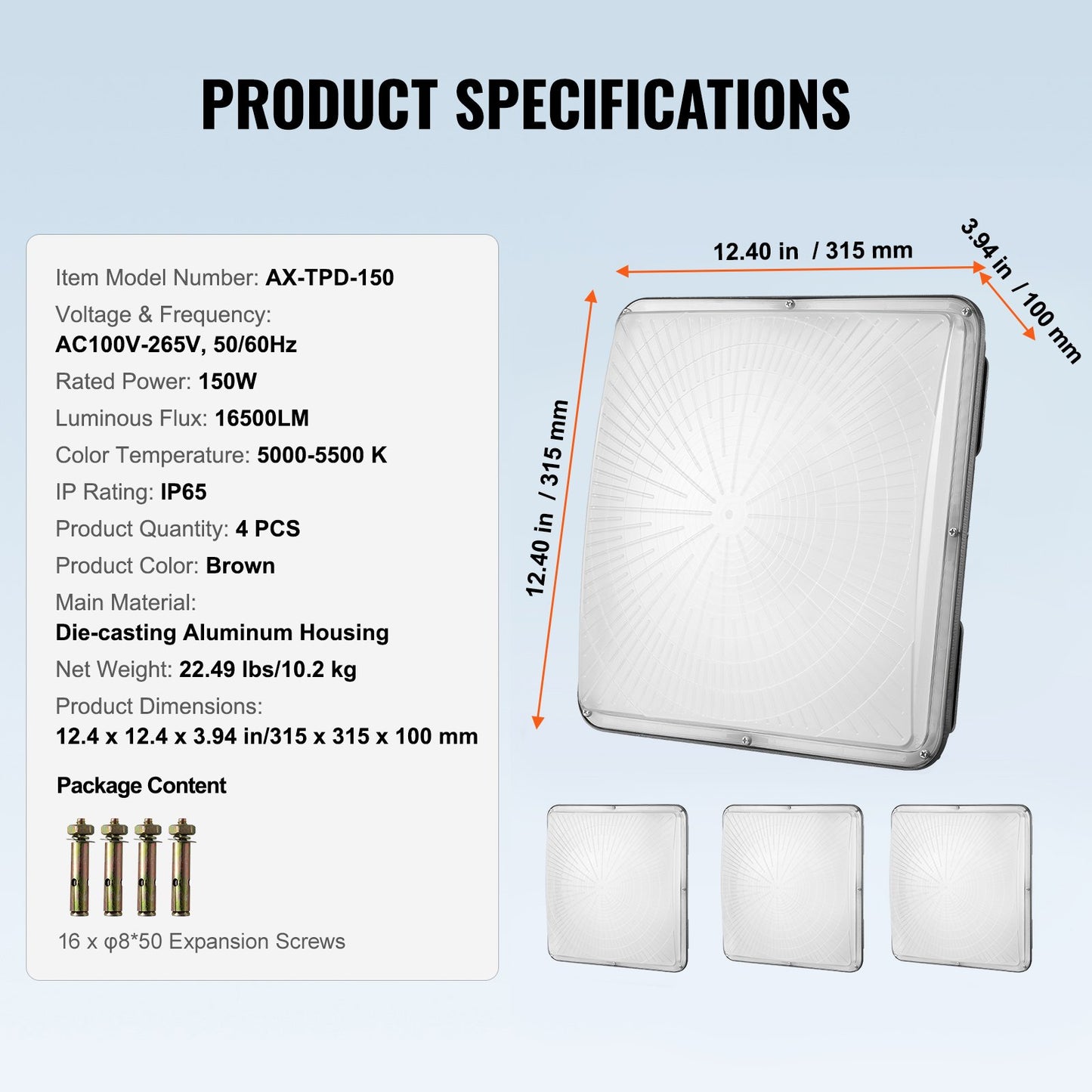 4 Pack LED Canopy Lights, 150W, 16500LM 5000K Daylight Commercial Industrial Outdoor Canopy Lights, 12.4"x12.4" Surface Mount Ceiling Lighting for Gas Station Warehouse Garage Street Shop, IP65