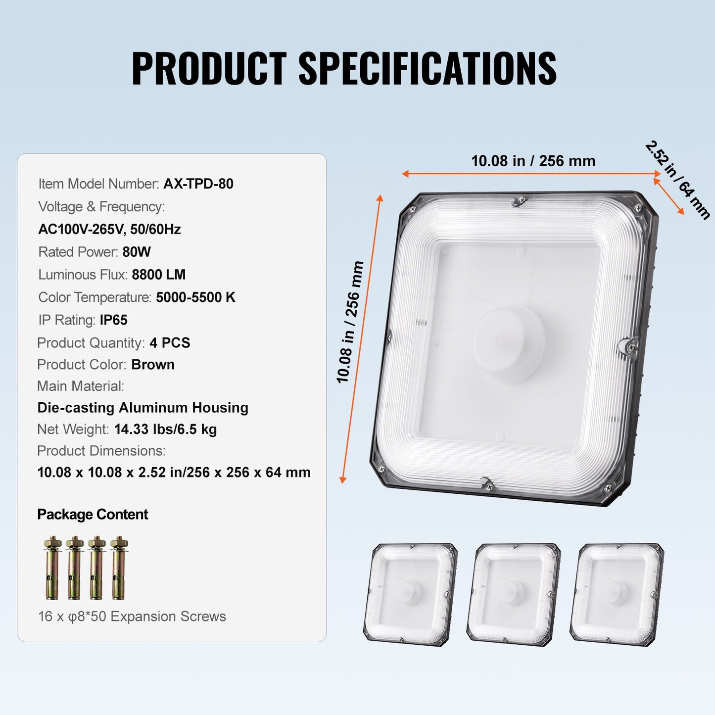4 Pack LED Canopy Lights, 80W, 8800LM 5000K Daylight Commercial Industrial Outdoor Canopy Lights, 10.08"x10.08" Surface Mount Ceiling Lighting for Gas Station Warehouse Garage Street Shop, IP65