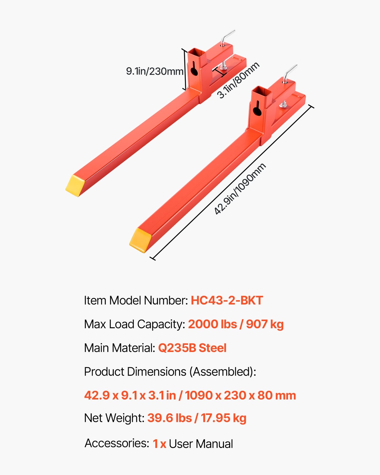 Pallet Forks, 2000 lbs Clamp on Pallet Forks, 43-Inch Total Length Heavy-Duty Quick Attach Tractor Fork Compatible with Tractor Attachments, Loader Bucket, and Skid Steer, Orange