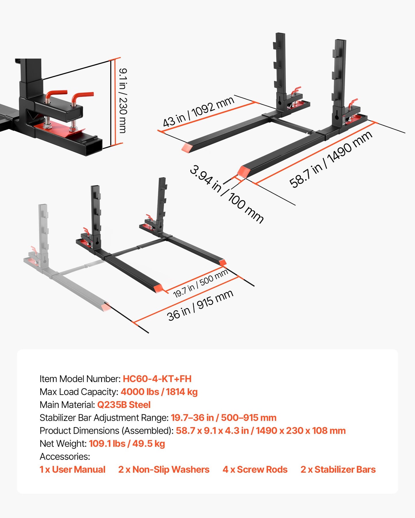 Pallet Forks, 4000 lbs Clamp on Pallet Forks, 60-Inch Total Length Heavy-Duty Tractor Fork with Anti-Tilt Bar & Adjustable Stabilizer Bar, Fit for Loader Bucket Skid Steer Tractor, Black