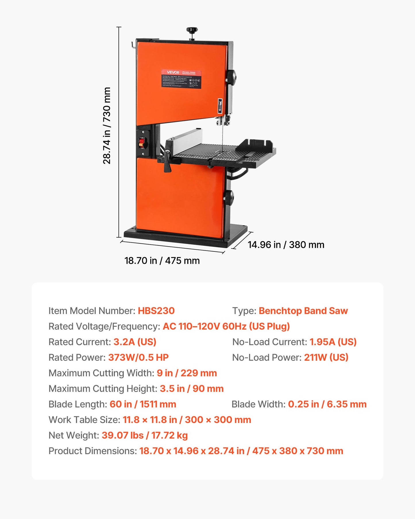 Band Saw, 9-Inch, Woodworking Benchtop Bandsaw with 1/2 HP Motor, 3.5-Inch Max Cutting Height, 11.8 x 11.8 in Cast Aluminum Table, 0-45° Tilting Range, with Miter Gauge, Fence, for Woodworking
