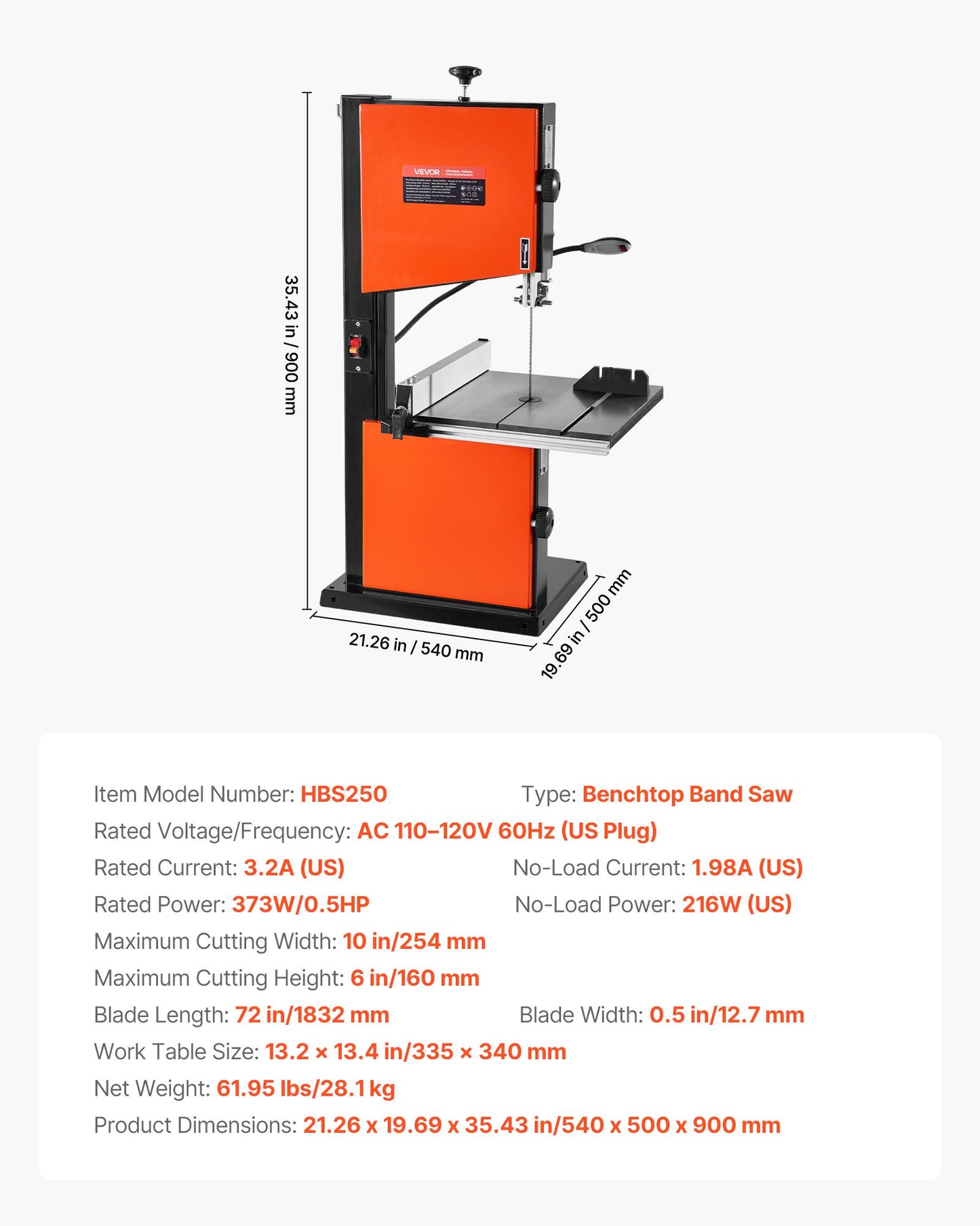 Band Saw, 10-Inch, Two-Speed Benchtop Bandsaw with 373W 1/2 HP Motor, 6 in Max Cutting Height, 13.2 x 13.4 in Cast Iron Table, with 360° Work Light, Miter Gauge, Fence, Band Saw for Woodworking