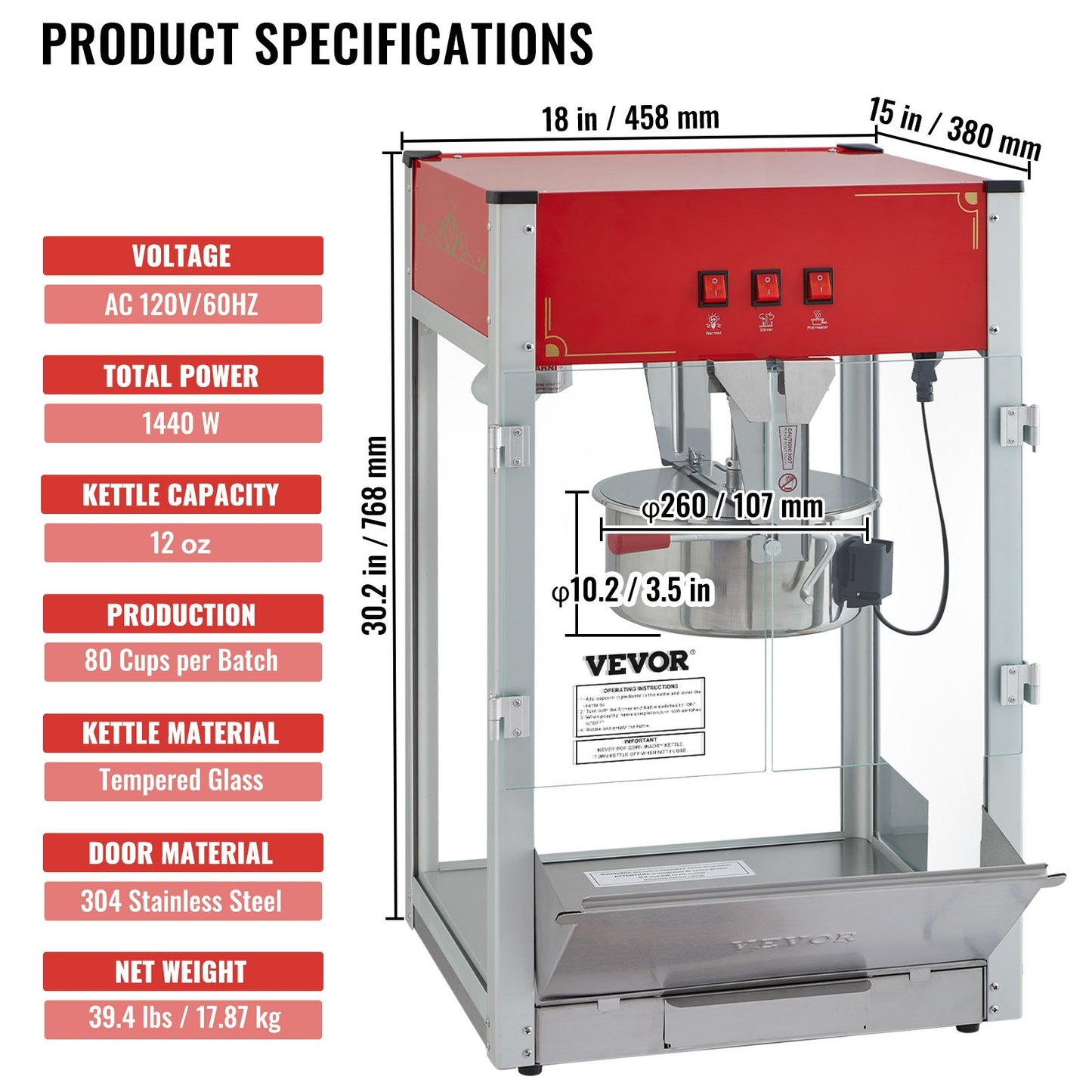 Popcorn Maker, 1440W Popcorn Popper Machine, 12 Oz Kettle Makes 80 Cups per Batch, Countertop Popcorn Maker with Tempered Glass, 3 Stainless Steel Scoops, Movie Theater Style, Red