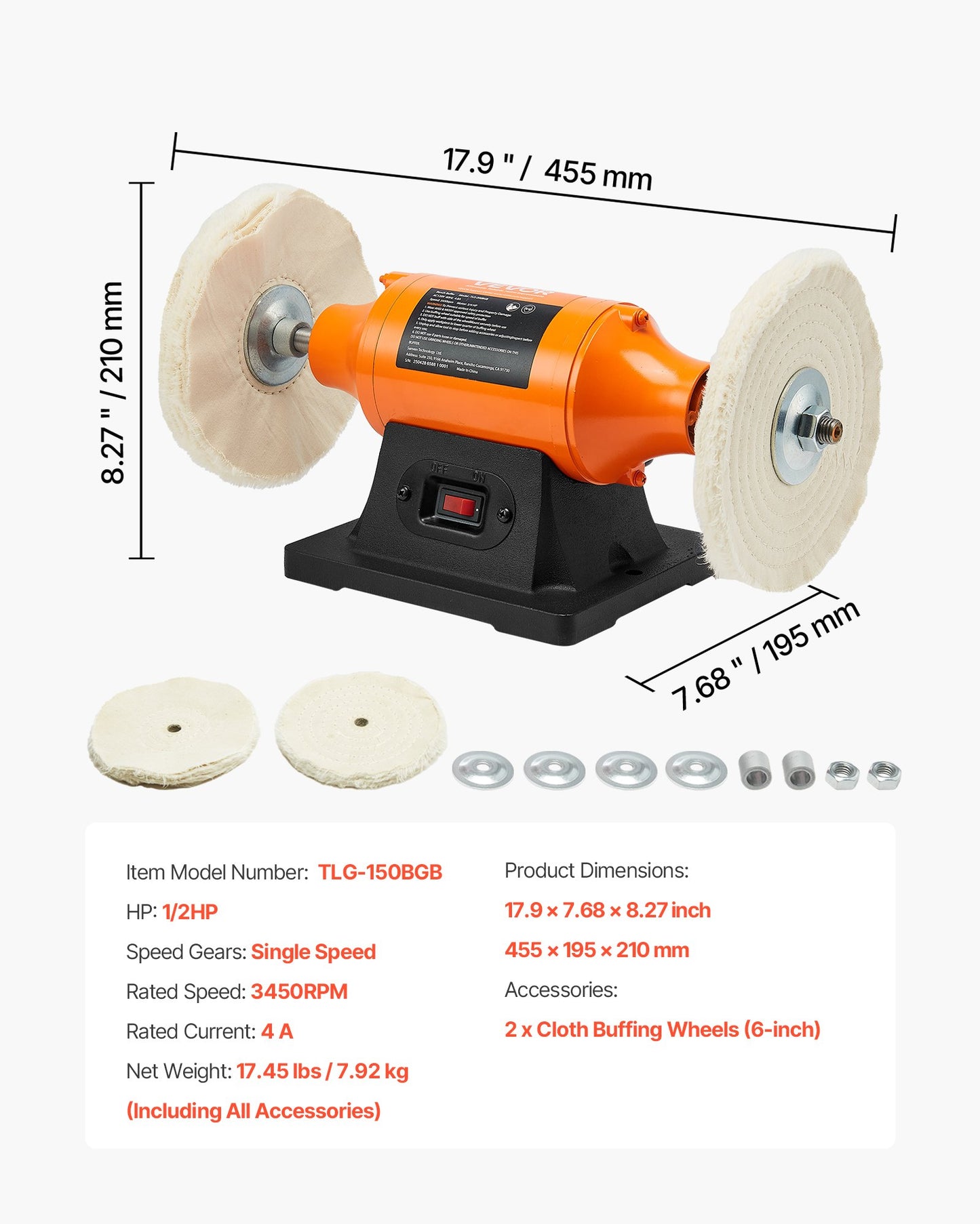 1/2HP Bench Buffer Polisher, 6-inch Bench Polishing Buffing Machine, 3450RPM Single Speed Benchtop Polisher with 2PCS Cloth Wheels & Cast Iron Base for Metal, Jewelry, Wood Polishing