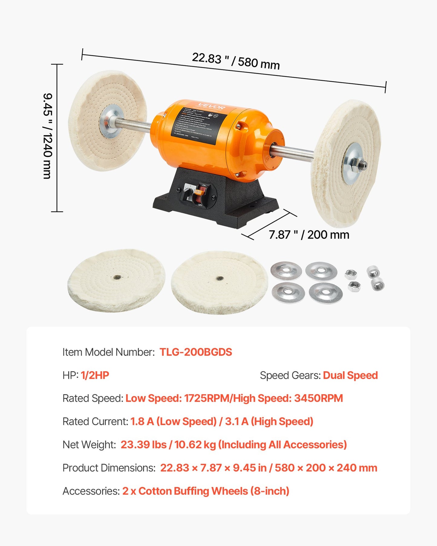 1/2HP Bench Buffer Polisher, 8-inch Bench Polishing Buffing Machine, 1725RPM/3450RPM Dual Speed Benchtop Polisher with 2PCS Cotton Wheels & Cast Iron Base for Metal, Jewelry, Wood Polishing