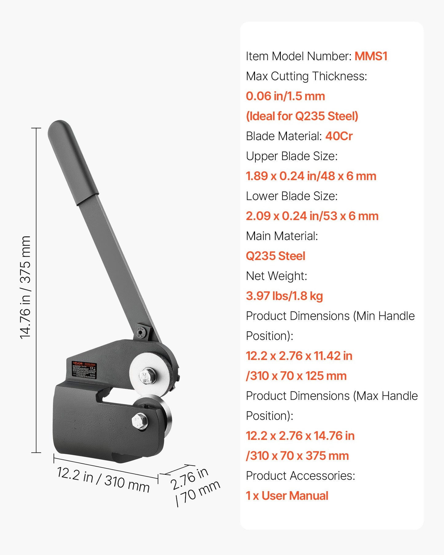 Sheet Metal Shear, Throatless Rotary Hand Shear, 16 Gauge Mild Steel Sheet Cutter with 0.06 in Capacity, with Solid Construction, Mounting Type, for Cutting Steel, Copper, Rebar, and Aluminum