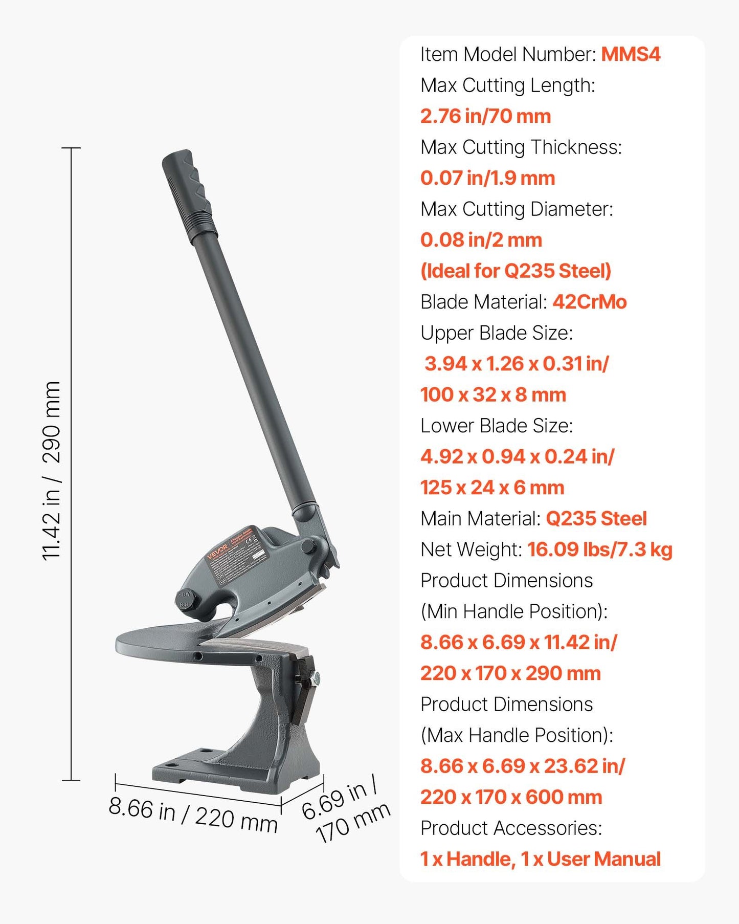 Sheet Metal Shear, Manual Hand Shear, Throatless Benchtop Sheet Cutter for Multiple Purpose, with Solid Steel Frame, Mounting Type, Max Cutting Thickness 0.07 in for Steel Copper Rebar Aluminum