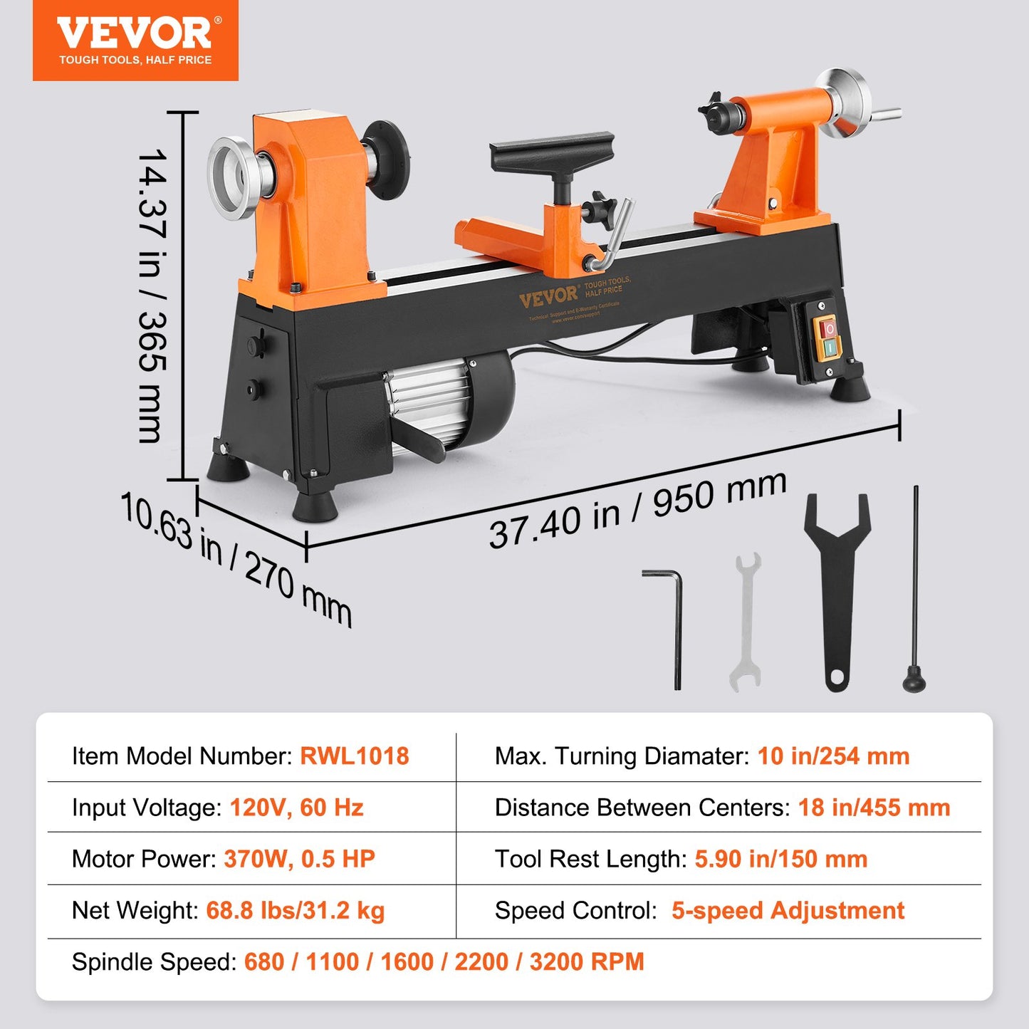 Tabletop Wood Lathe, Dimensions 10x18 inches, Motor Strength 0.5 HP 370W, Offers Wood Crafting with 5 Adjustable Speeds ranging from 780 to 3840 RPM, Includes Rod Injection, Wrenches, Facepla