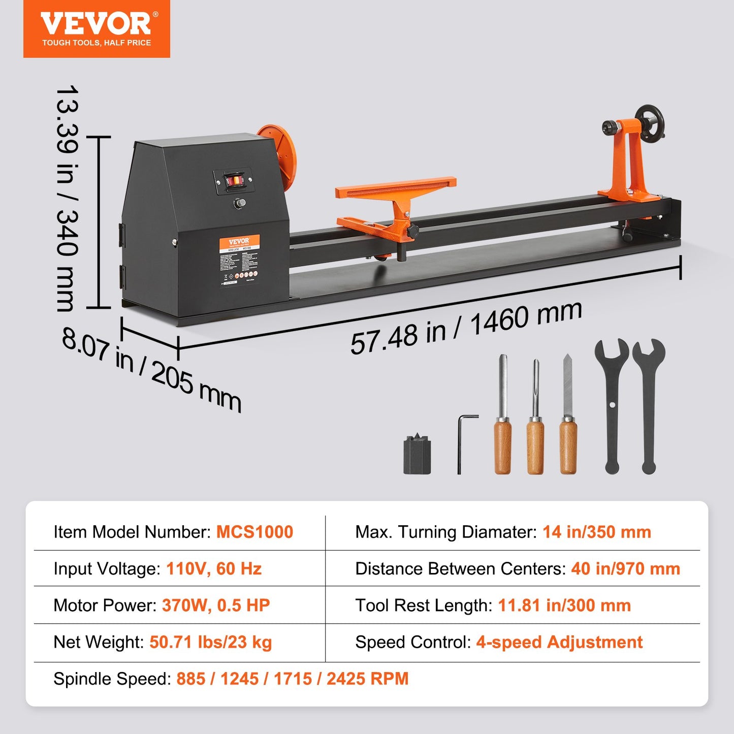 Tabletop Wood Lathe, Dimensions 14x40 inches, Motor Power 0.5 HP 370W, Features Variable Speeds 885/1245/1715/2425 RPM, Includes Chisels, Faceplate, Plastic Handle, Hex Wrench, Ideal for Craf