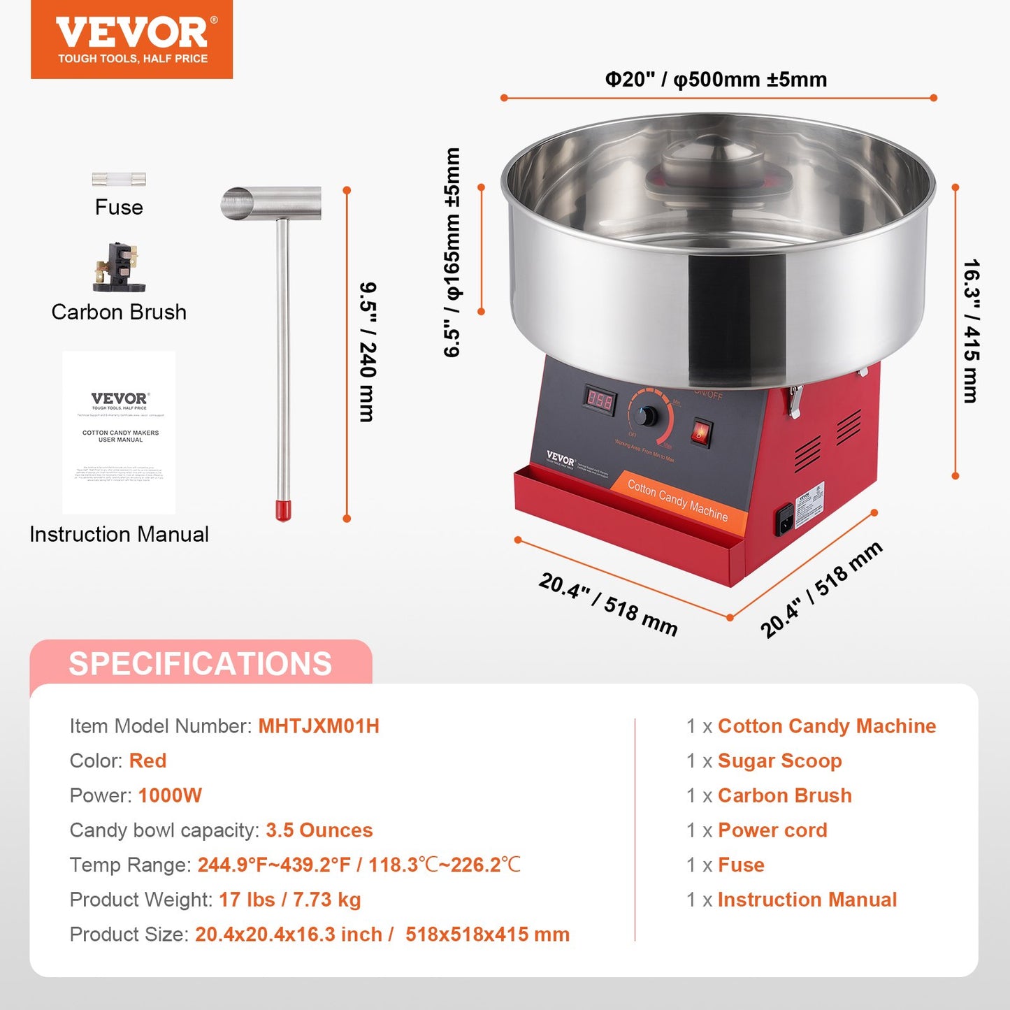Electric Cotton Candy Machine, 1000W Candy Floss Maker, Commercial Cotton Candy Machine with Stainless Steel Bowl, and Sugar Scoop, Perfect for Home Kids Birthday, Family Party (Red)