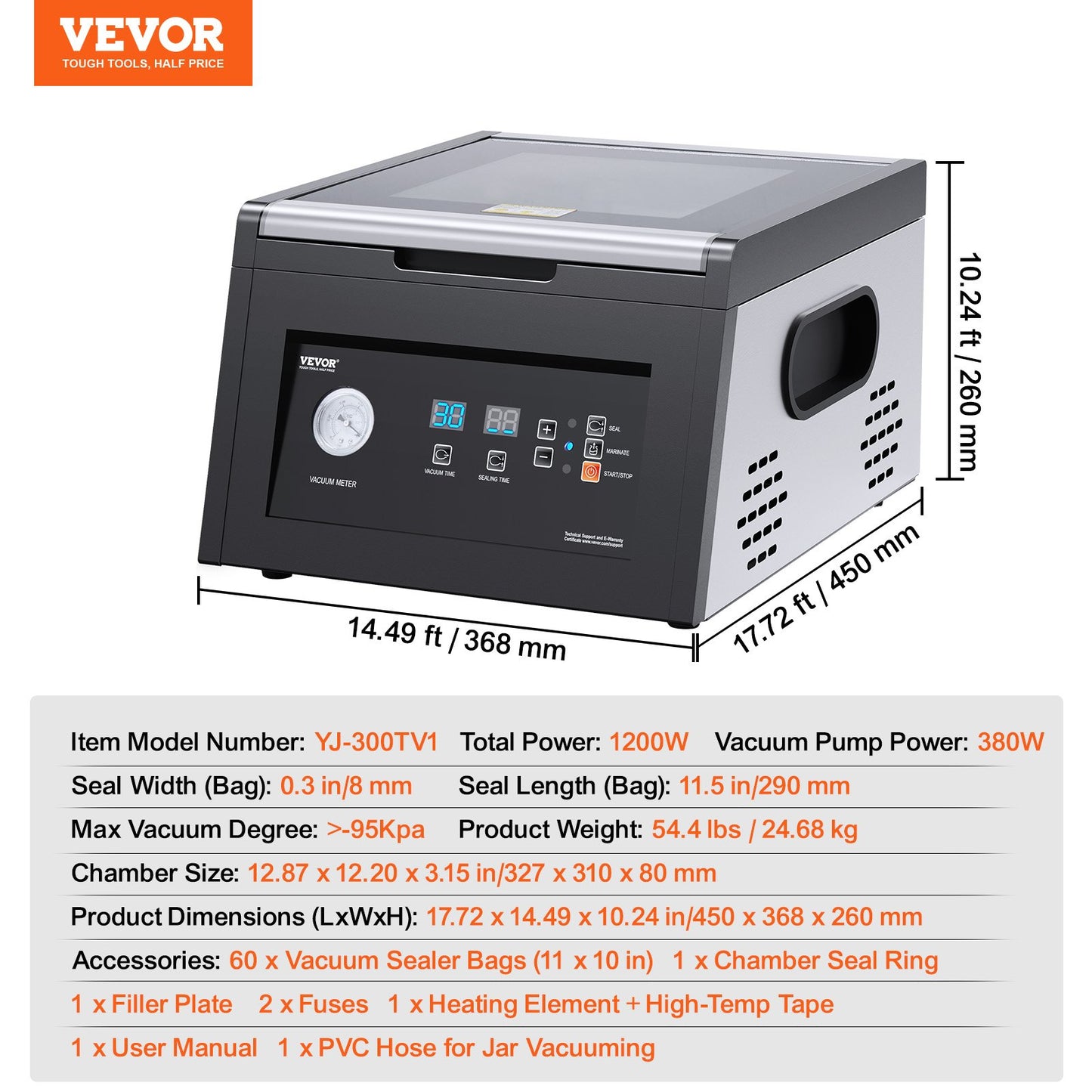 Chamber Vacuum Sealer, 380W Vacuum Pump Power, Sealing Bag Packing Machine for Wet Foods, Meat, Compact Design with 11.5 in Sealing Length, Ideal Commercial Sealer for Professional and Home Use