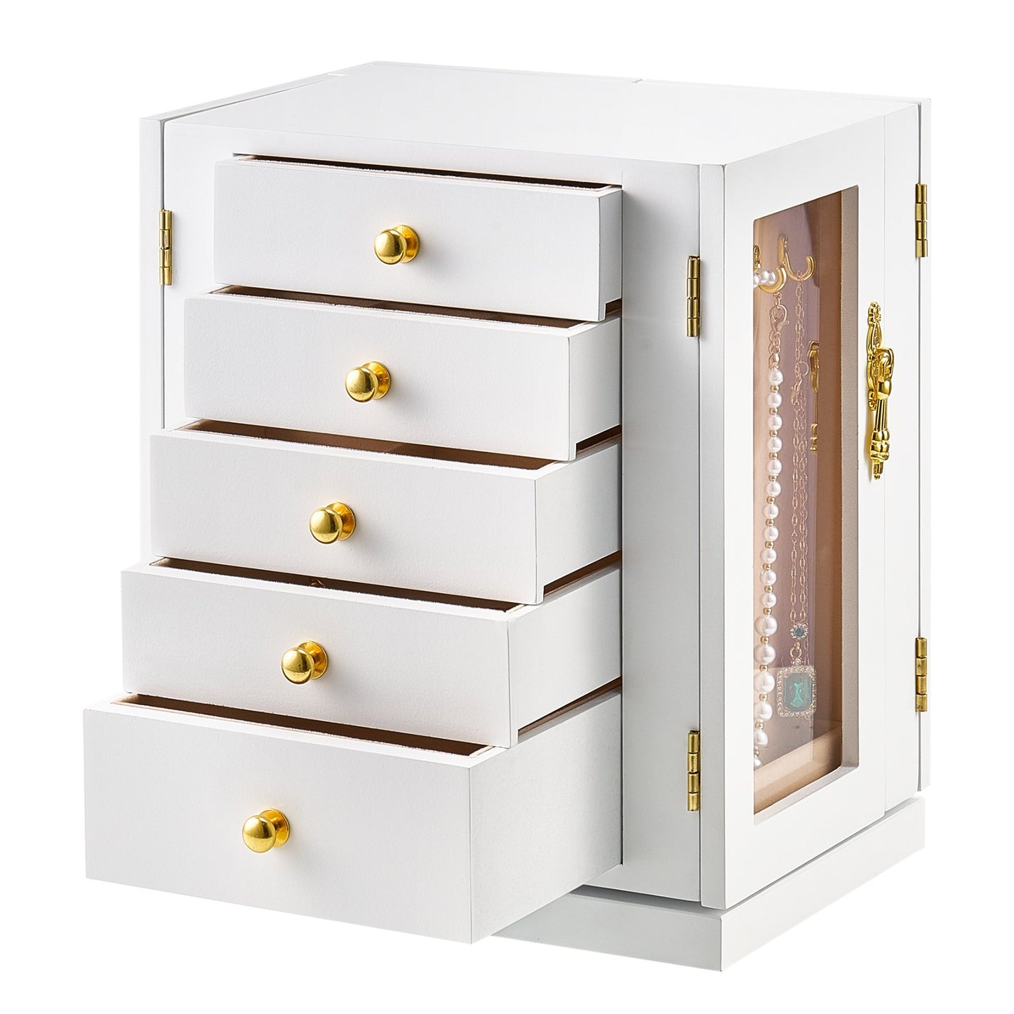 Jewelry Box, 360° Rotating Jewelry Organizer with 5 Drawers, Acrylic Window, 4 Necklace Hooks on Each Side, Spacious Storage Case with Metal Handles, Bottom Pad and Soft Velvet Lining, White