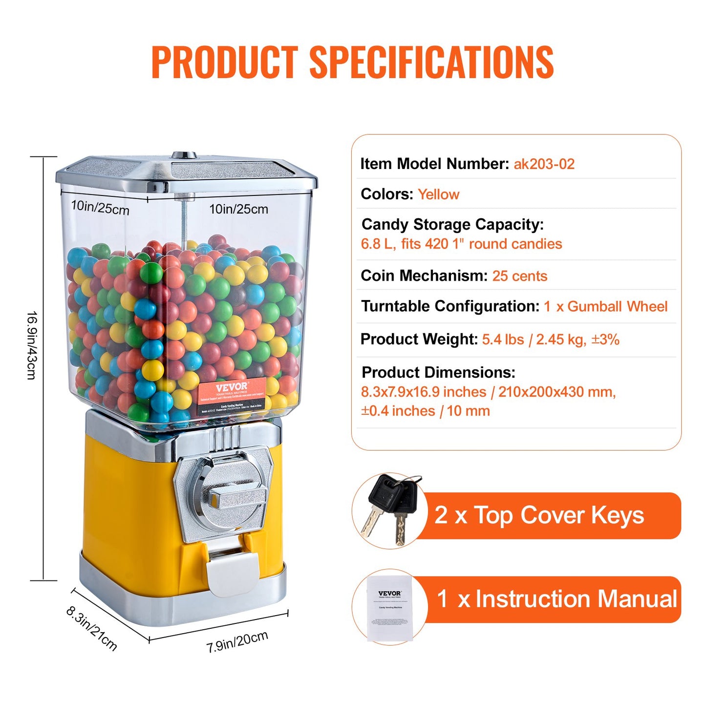 Gumball Machine for Kids, 17"H Home Candy Vending Machine, PC Gumball Dispenser, Bubble Gum Machine for Game Stores, Coin Operated Gumball Bank for Toy Capsules Bouncy Balls Candy, Yellow
