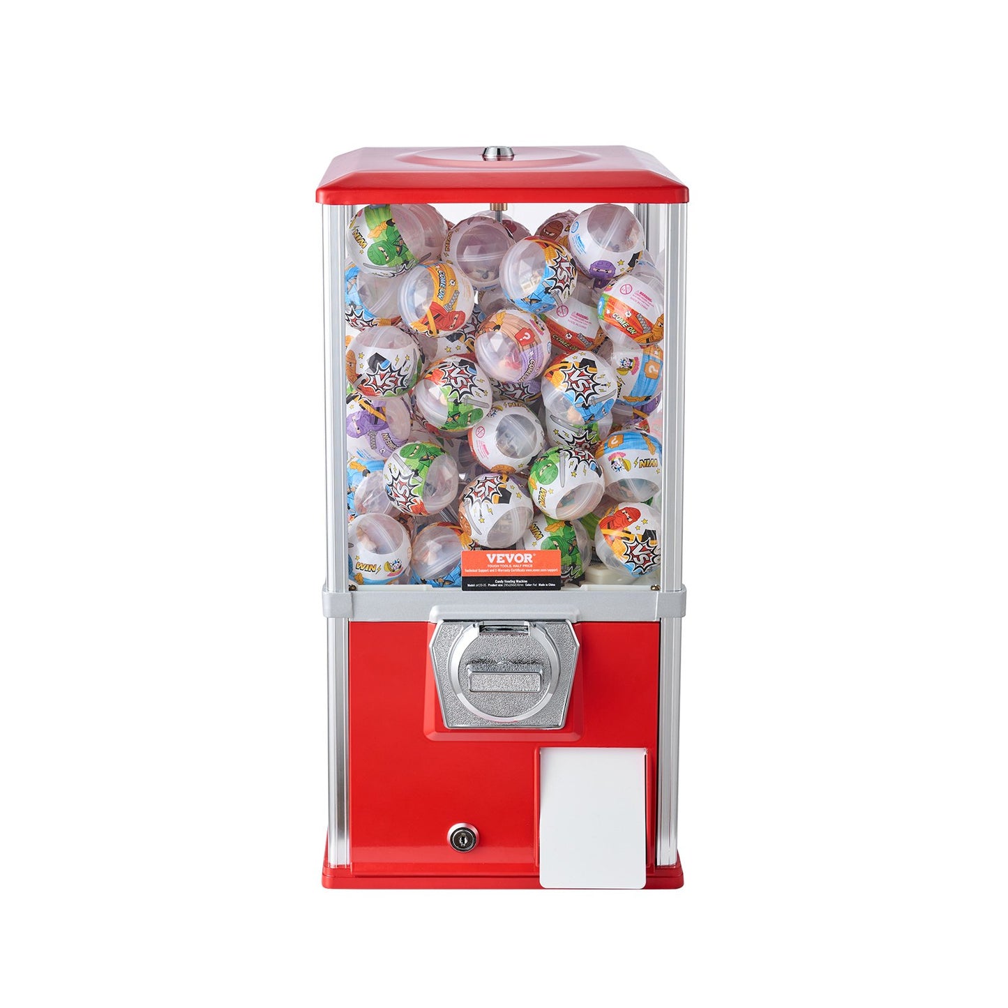 Gumball Machine for Kids, 21" Height Home Vending Machine, PS Bouncy Balls Dispenser, Hold 180 Capsule Toys, Rectangle Bubble Gum Machine for Game Stores, Coin Operated Gumball Bank, Red