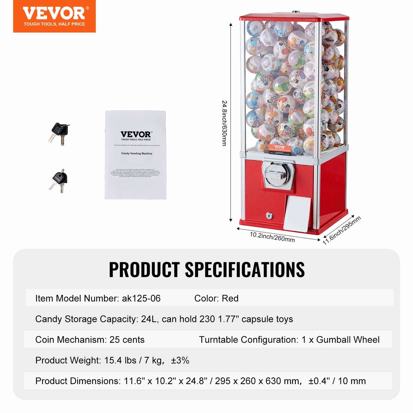 Gumball Machine for Kids, 25" Height Home Vending Machine, PS Bouncy Balls Dispenser, Hold 230 Capsule Toys, Rectangle Bubble Gum Machine for Game Stores, Coin Operated Gumball Bank, Red