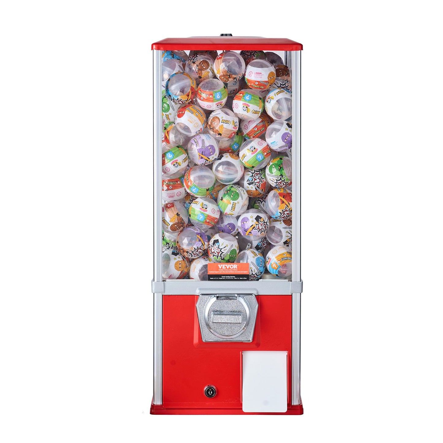 Gumball Machine for Kids, 25" Height Home Vending Machine, PS Bouncy Balls Dispenser, Hold 230 Capsule Toys, Rectangle Bubble Gum Machine for Game Stores, Coin Operated Gumball Bank, Red