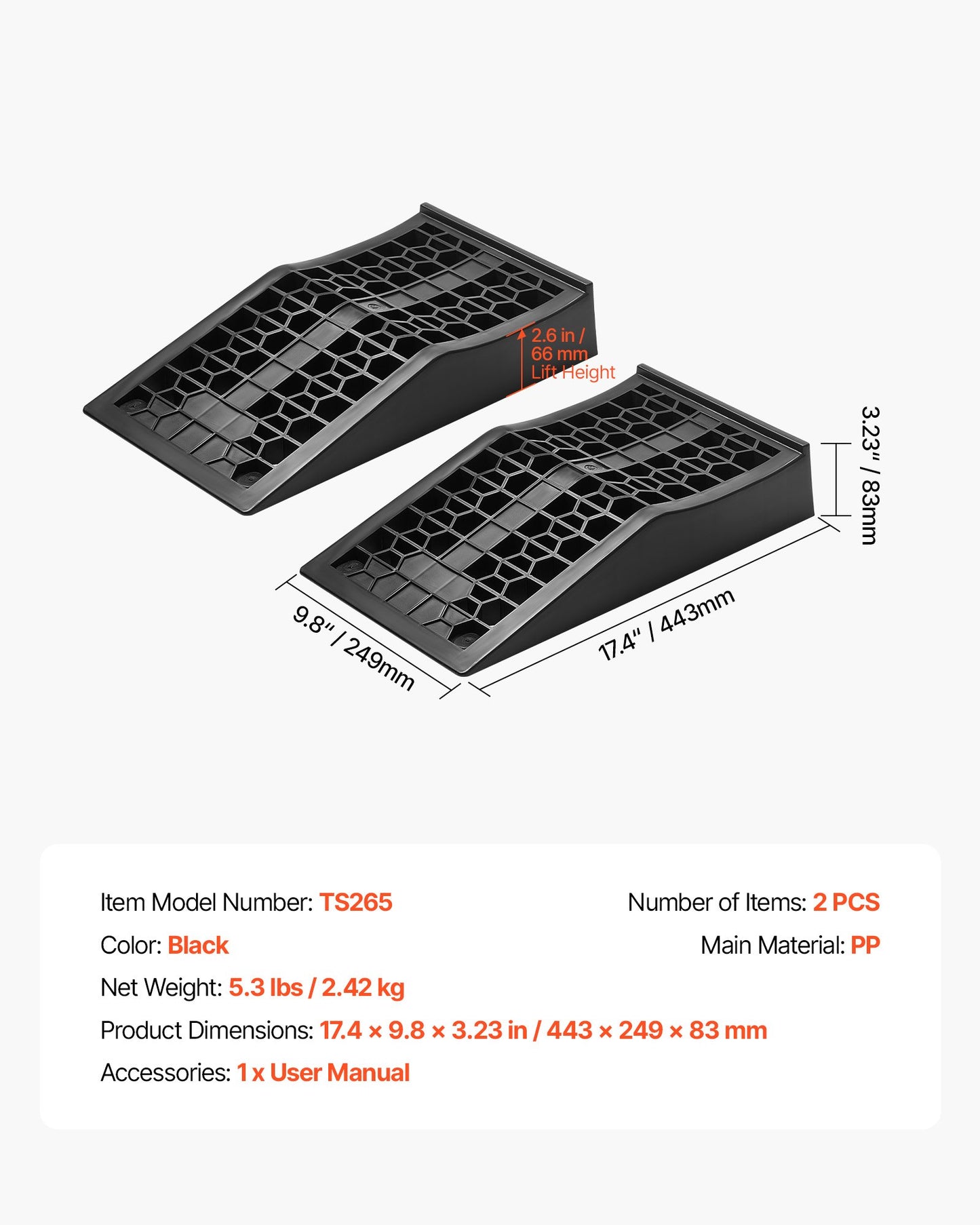 Car Ramps, 2 PCS 20000 lbs GVW Capacity, 2.6 in Lift Height, Portable Low Profile Car Service Ramps for Home Garage Maintenance & Oil Changes, Heavy Duty for Low Chassis Vehicle & Support Jack