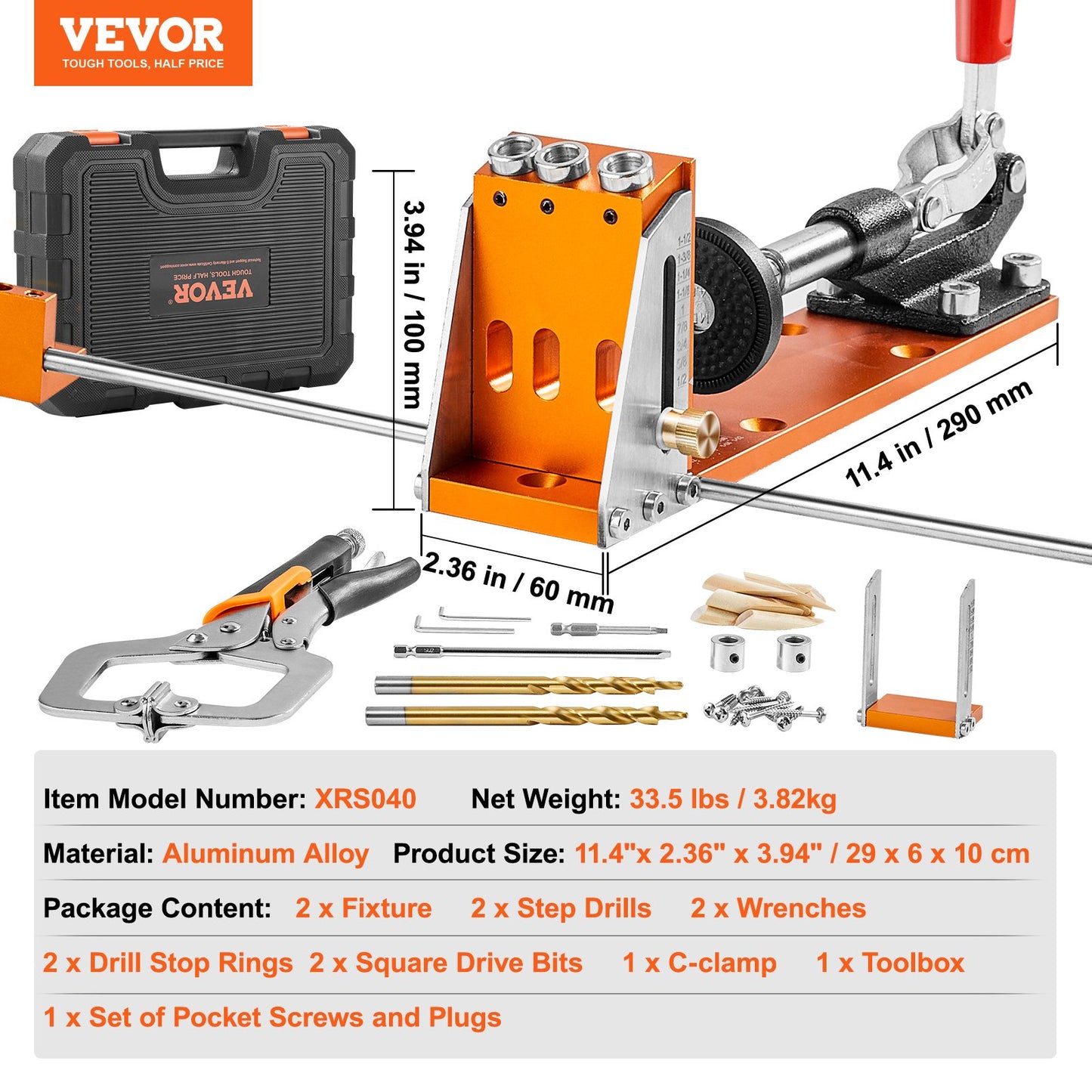 Pocket Hole Jig Kit, 34 Pcs Pocket Hole Jig System with 11" C-clamp, Fixture, Step Drills, Wrenches, Drill Stop Rings, Square Drive Bits, Toolbox, Adjustable, for DIY Carpentry Projects