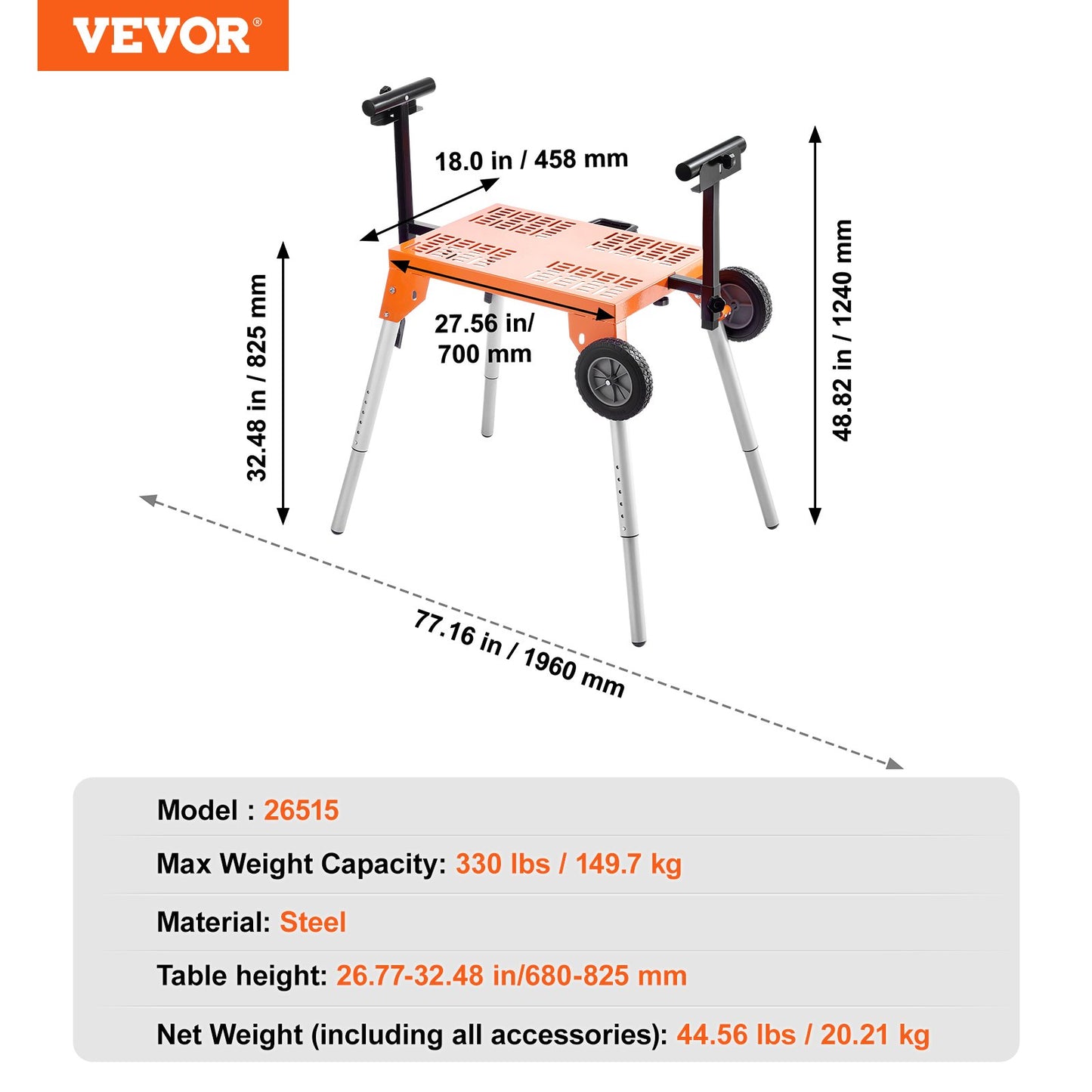 Miter Saw Stand with Tabletop and Wheels, 330lbs Load Capacity Steel Collapsible Rolling Stand for Miter Saw, Adjustable Height and Length, Portable Compact and Folding Miter Saw Stand