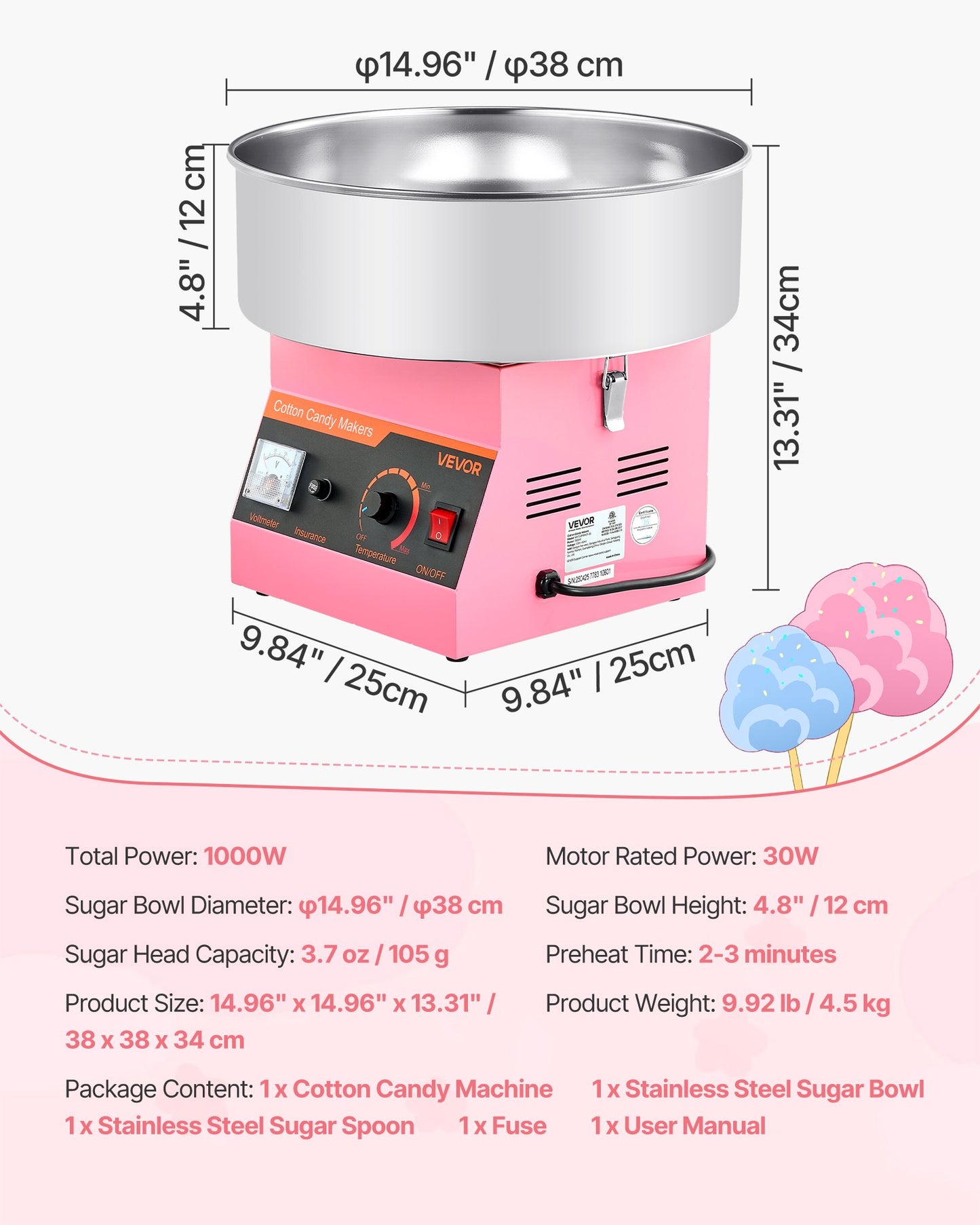 Cotton Candy Machine Commercial, 1000W Electric Candy Floss Maker, Easy Use with 15 inch Stainless Steel Bowl and Sugar Scoop, Makes Hard Candy for Home Kids Birthday, Family Party, Pink