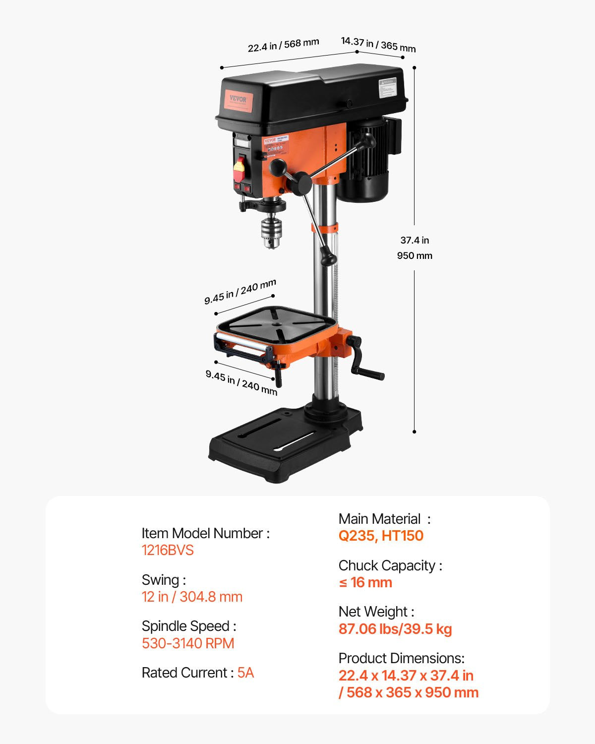 12 in Benchtop Drill Press, 5 Amp 120V, Variable Speed Cast Iron Bench Drill Press, 12 in Swing Distance 0-45° Tiltling Worktable with Laser Work Light, Tabletop Drilling Machine for Wood Metal