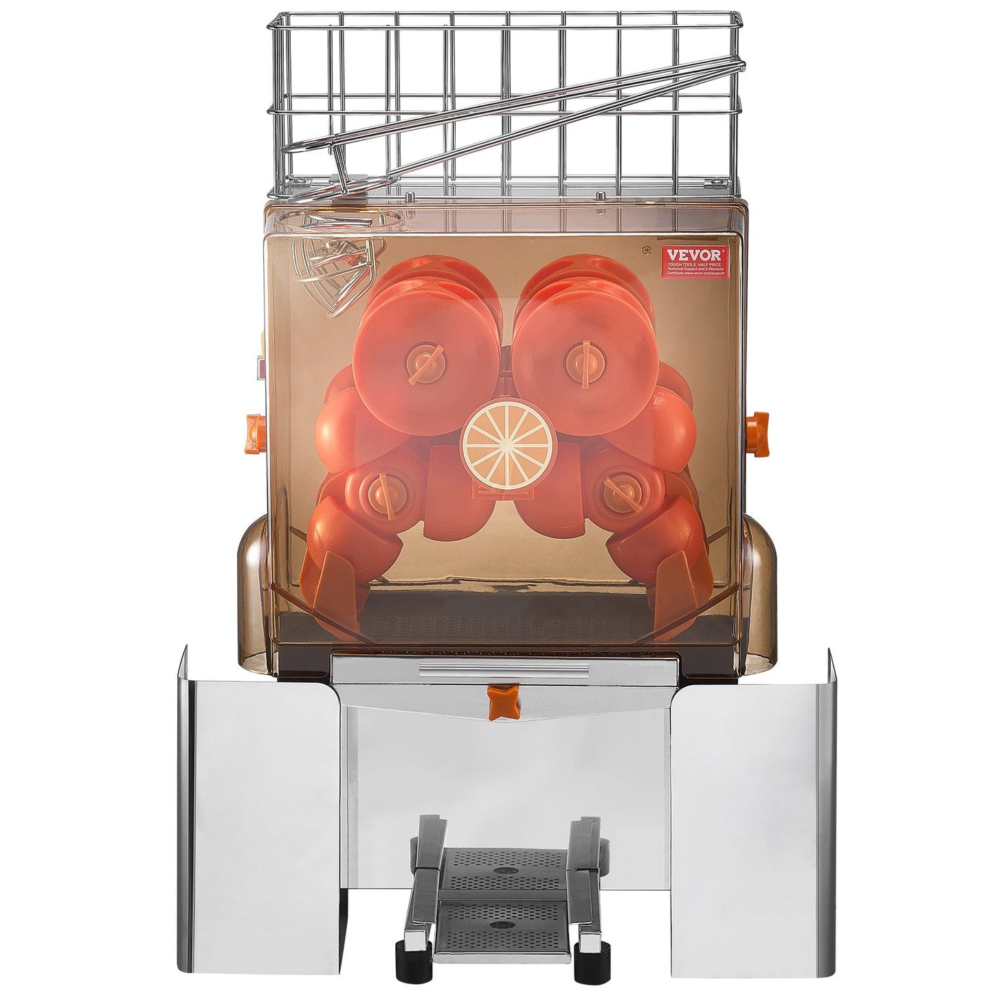 Commercial Orange Juicer Machine, 120W Automatic Juice Extractor, Stainless Steel Orange Squeezer for 20 Oranges Per Minute, with Pull-Out Filter Box, PC Cover, 2 Peel Collecting Buckets