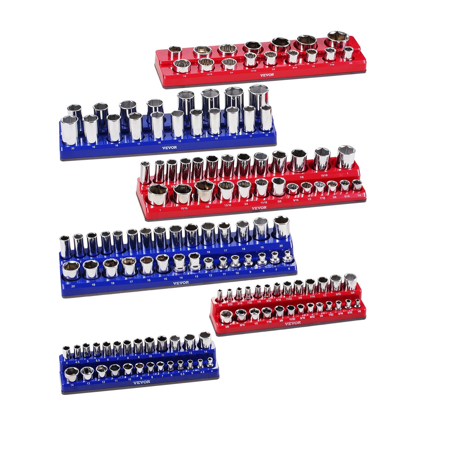 Magnetic Socket Organizer Set, 6PCS Socket Holder, 1/4'', 3/8'' & 1/2'' Metric SAE Socket Trays with Clear Labels, Hold up to 143PCS Standard & Deep Sockets, Blue & Red (Sockets Not Included)