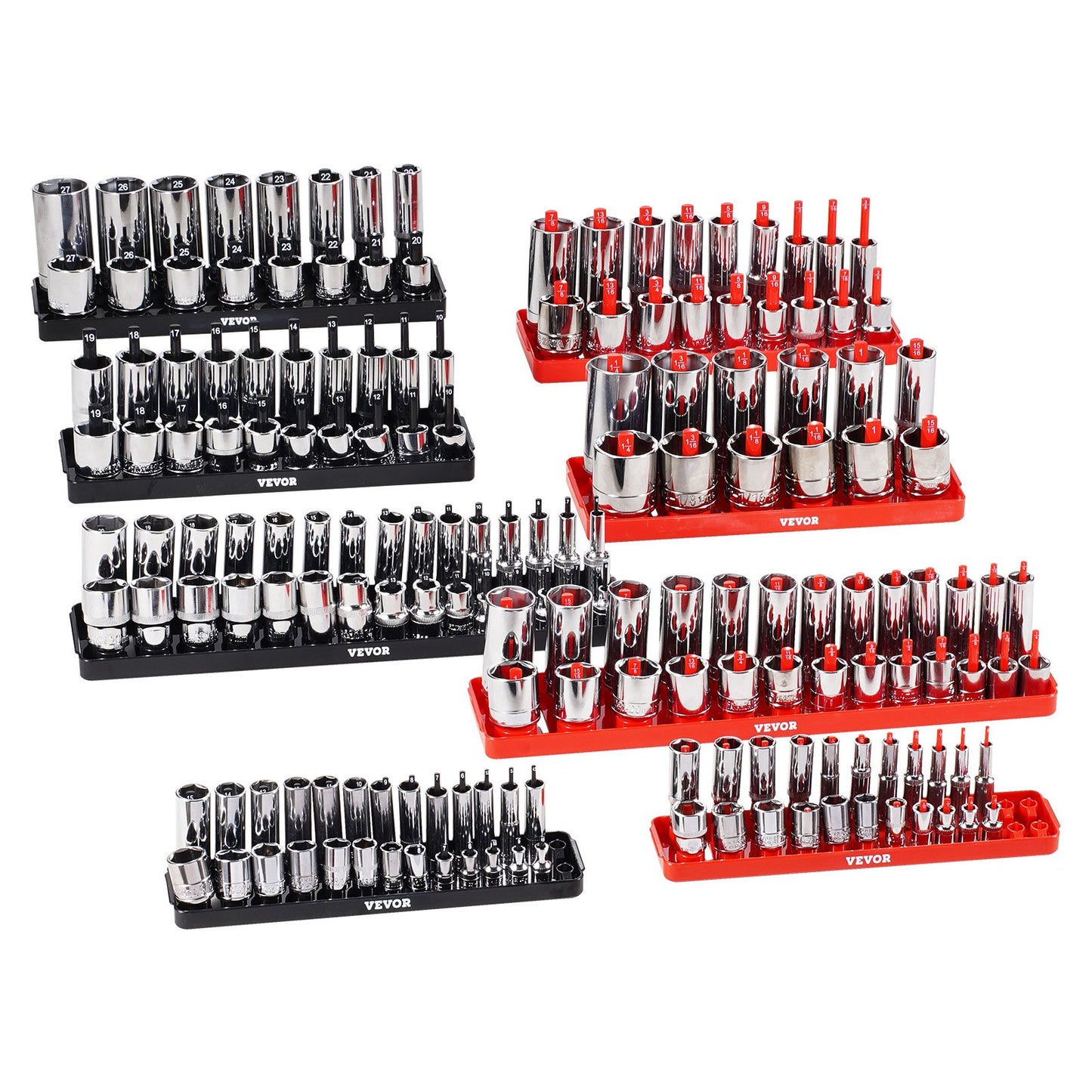 Socket Organizer Set, 8PCS High-Rod Socket Holder, 1/4'', 3/8'' & 1/2'' Metric SAE Socket Trays with Clear Labels, Hold up to 176PCS Standard & Deep Sockets, Black & Red (Socket Not Included)