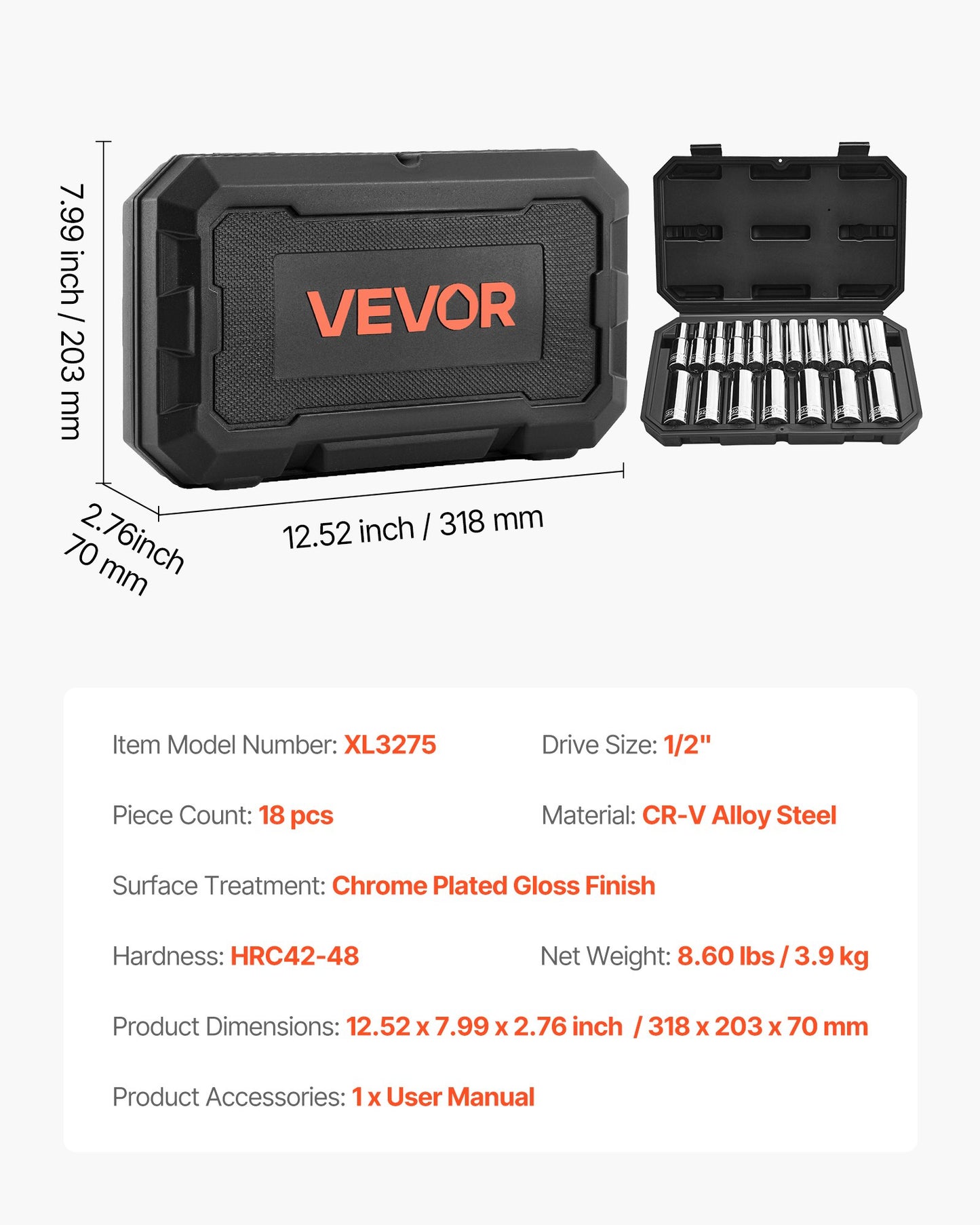Socket Set, 18 Pieces, 1/2 inch Drive Socket Tool Set, Metric Size from 10 to 27 mm, Mechanic Tool Kit with Storage Case, Clear Markings, Chrome Plated CR-V Alloy Steel, for Automotive Repair