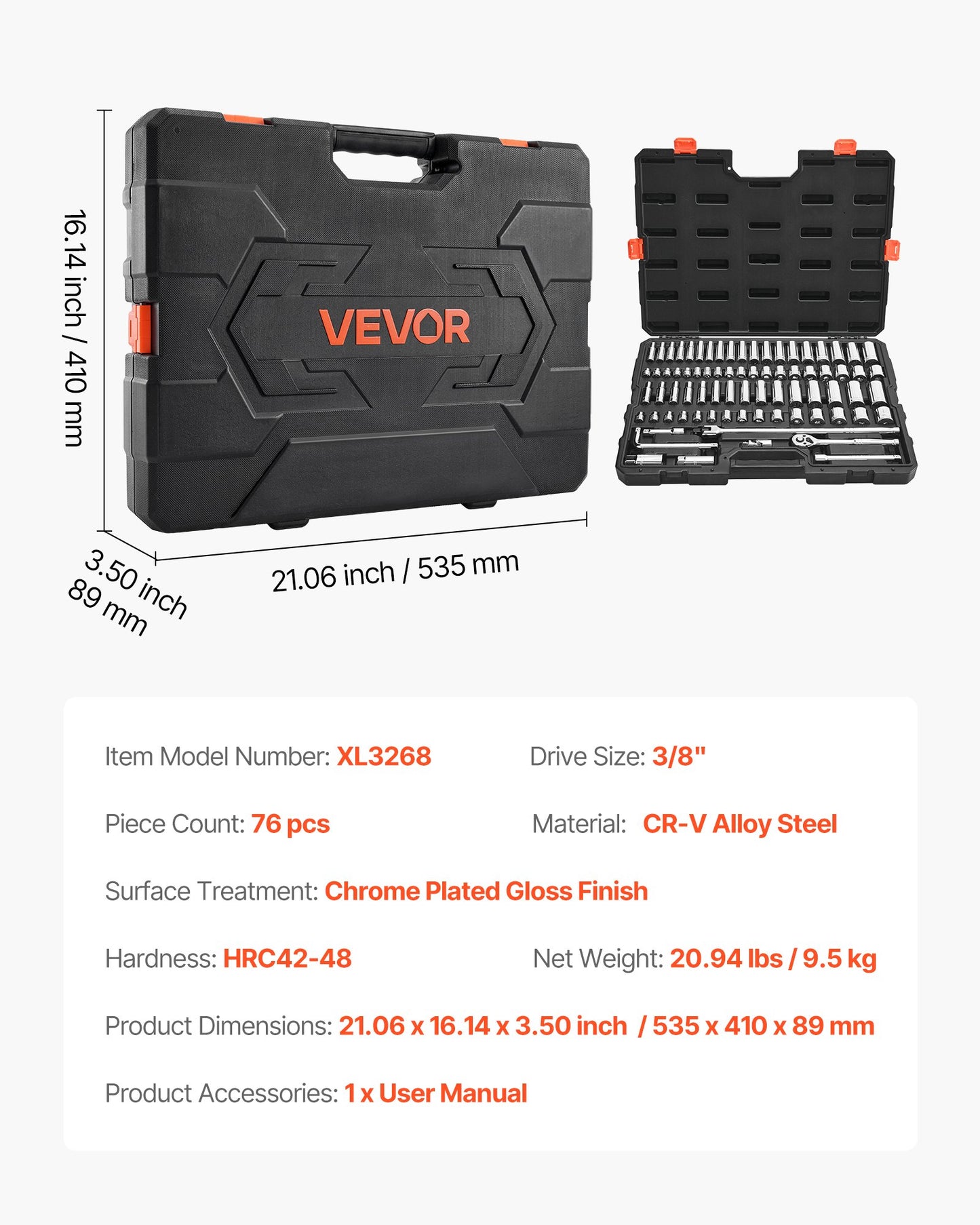 Socket Set, 76 Pieces, 3/8 inch Drive Socket and Ratchet Set, SAE and Metric, Deep and Shallow, Mechanic Tool Kit with Accessories and Storage Case, CR-V Alloy Steel, for Automotive Repair
