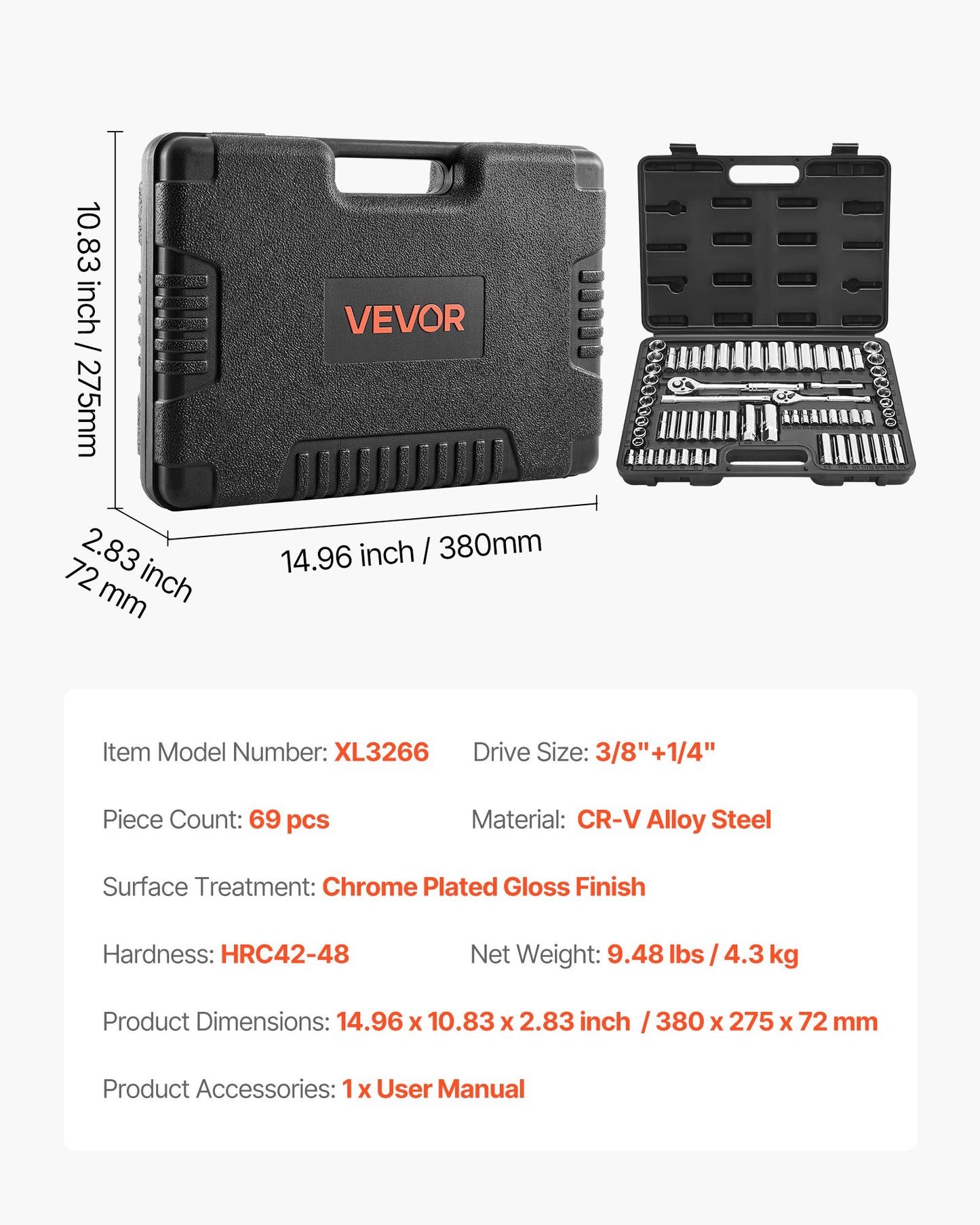 Socket Set, 69 Pieces, 3/8 & 1/4 inch Drive Socket and Ratchet Set, SAE and Metric, Deep and Standard, Mechanic Tool Kit with Accessories and Storage Case, CR-V Alloy Steel, for Auto Repair