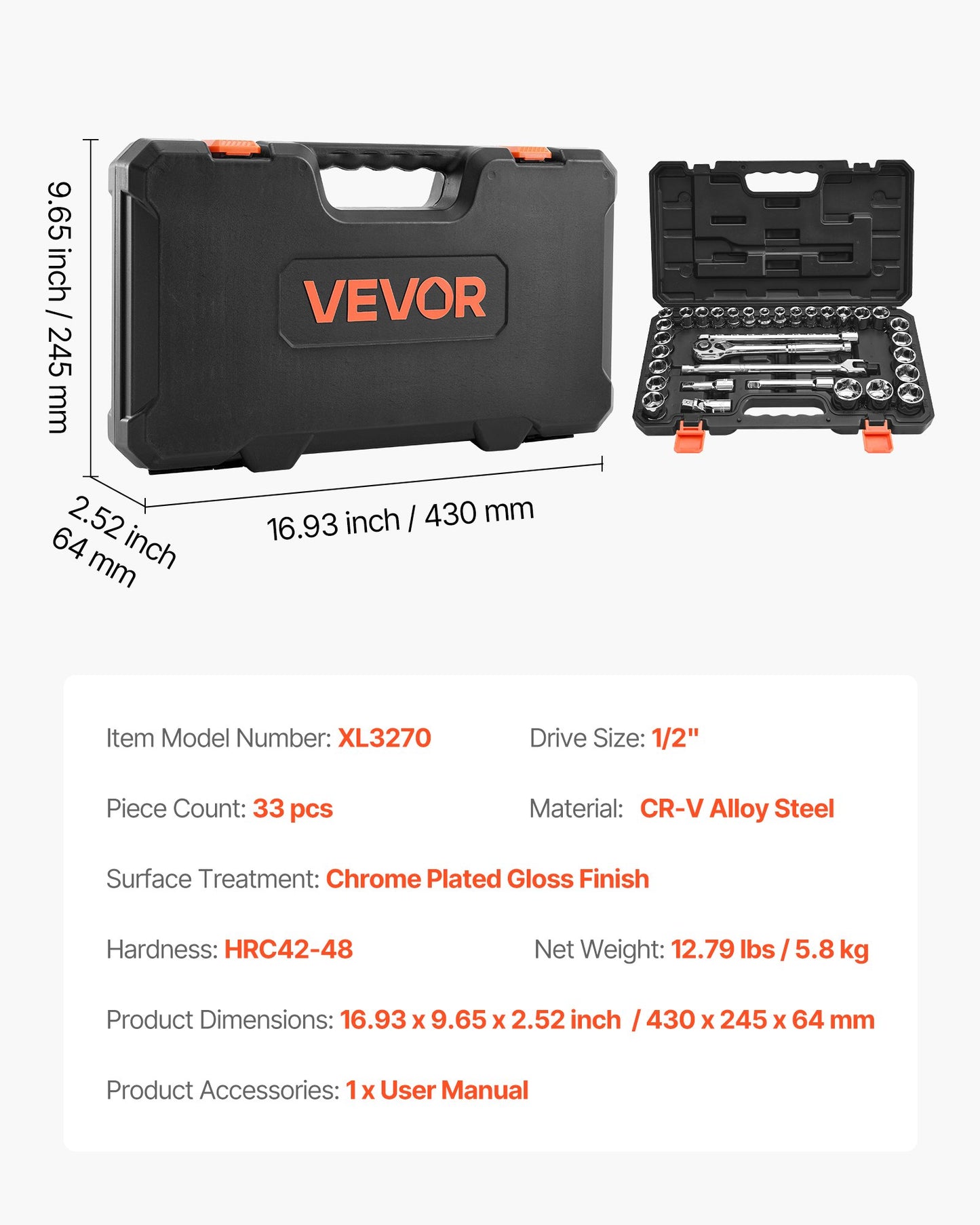 Socket Set, 33 Pieces, 1/2 inch Drive Socket and Ratchet Set, SAE and Metric, Mechanic Tool Kit with Ratchet Wrench, Extension Bar and Storage Case, CR-V Alloy Steel, for Automotive Repair