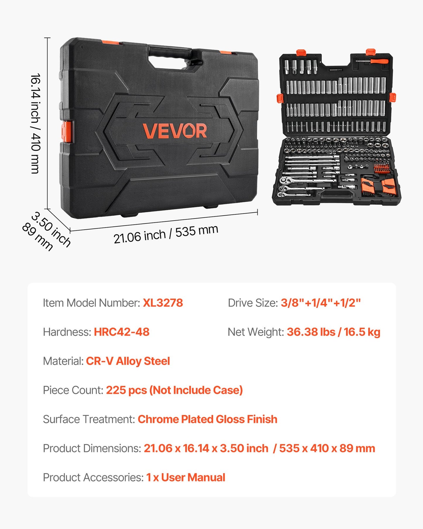 Socket Set, 225 Pieces, 3/8 & 1/4 & 1/2 inch Drive Socket and Ratchet Set, SAE and Metric, Deep and Shallow, Mechanic Tool Kit with Bits, Accessories, Storage Case, CR-V Alloy Steel, for Repair