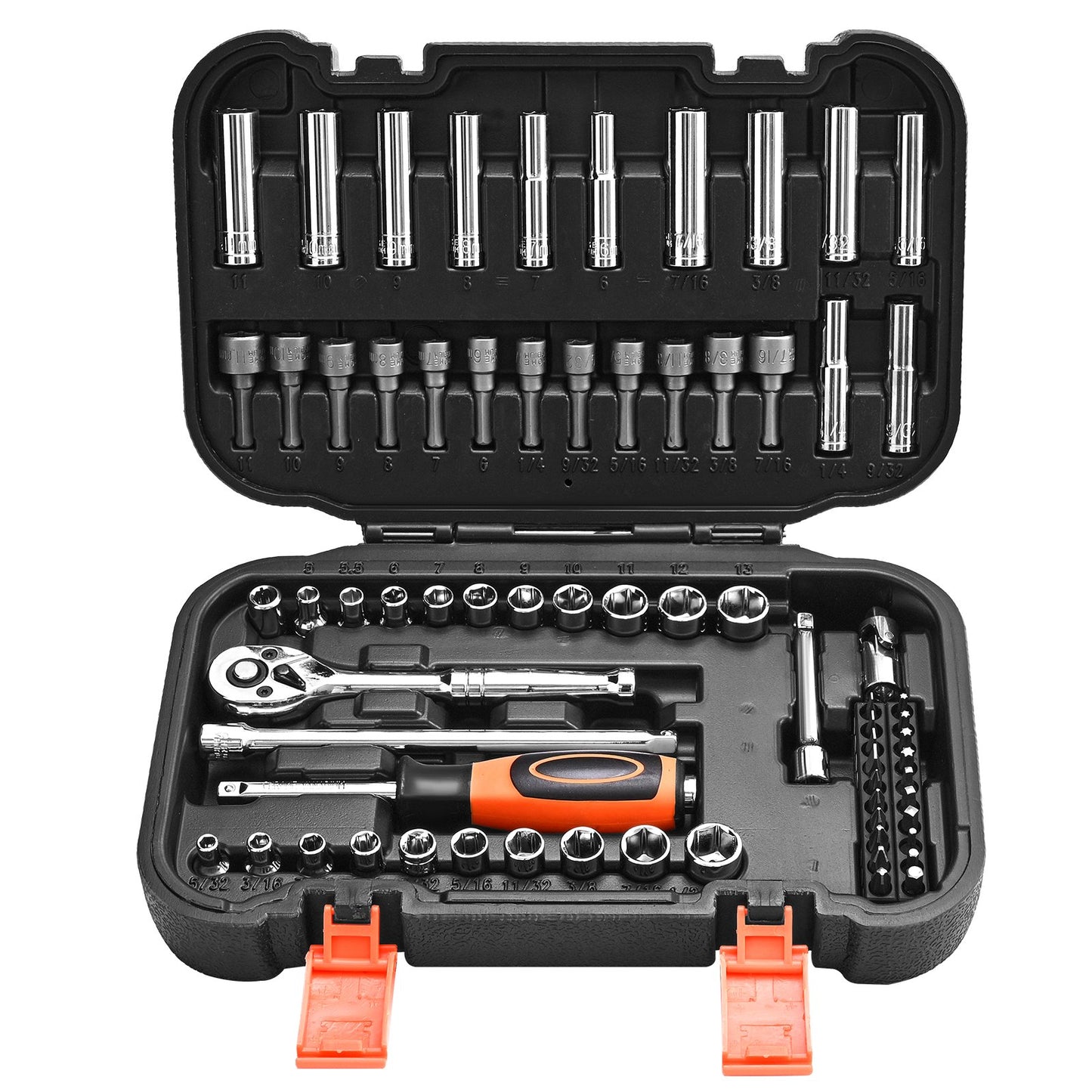 Socket Set, 70 Pieces, 1/4 inch Drive Socket and Ratchet Set, SAE and Metric, Deep and Shallow, Mechanic Tool Kit with Bits, Accessories and Storage Case, CR-V Alloy Steel, for Automotive Repair