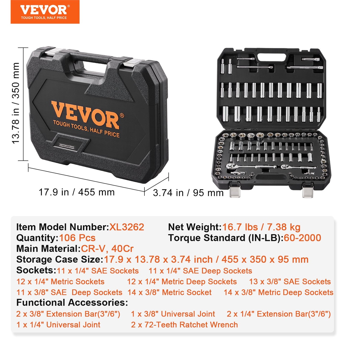 Socket Set, 1/4" and 3/8" Drive Socket and Ratchet Set, 6-Point Socket Opening, 106 Pcs Tool Set SAE and Metric, Deep and Standard Sockets, 5/32-1 in, 5-19 mm, with Accessories, Storage Case