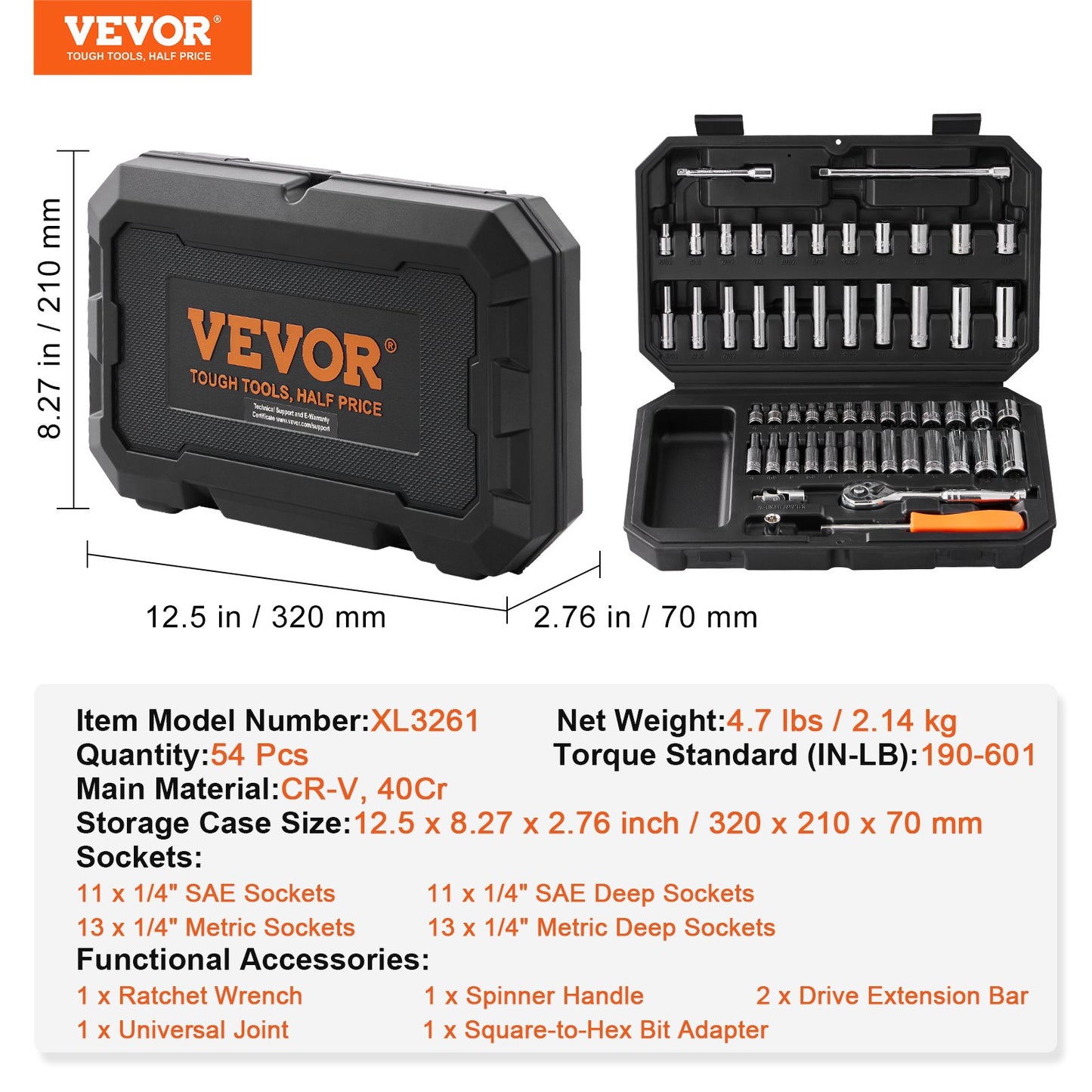 Socket Set, 1/4 Inch Drive Socket and Ratchet Set, 6-Point Socket Opening, 54 Pieces Tool Set SAE and Metric, Deep and Standard Sockets, 5/32-9/16 in, 4-14 mm, with Accessories, Storage Case