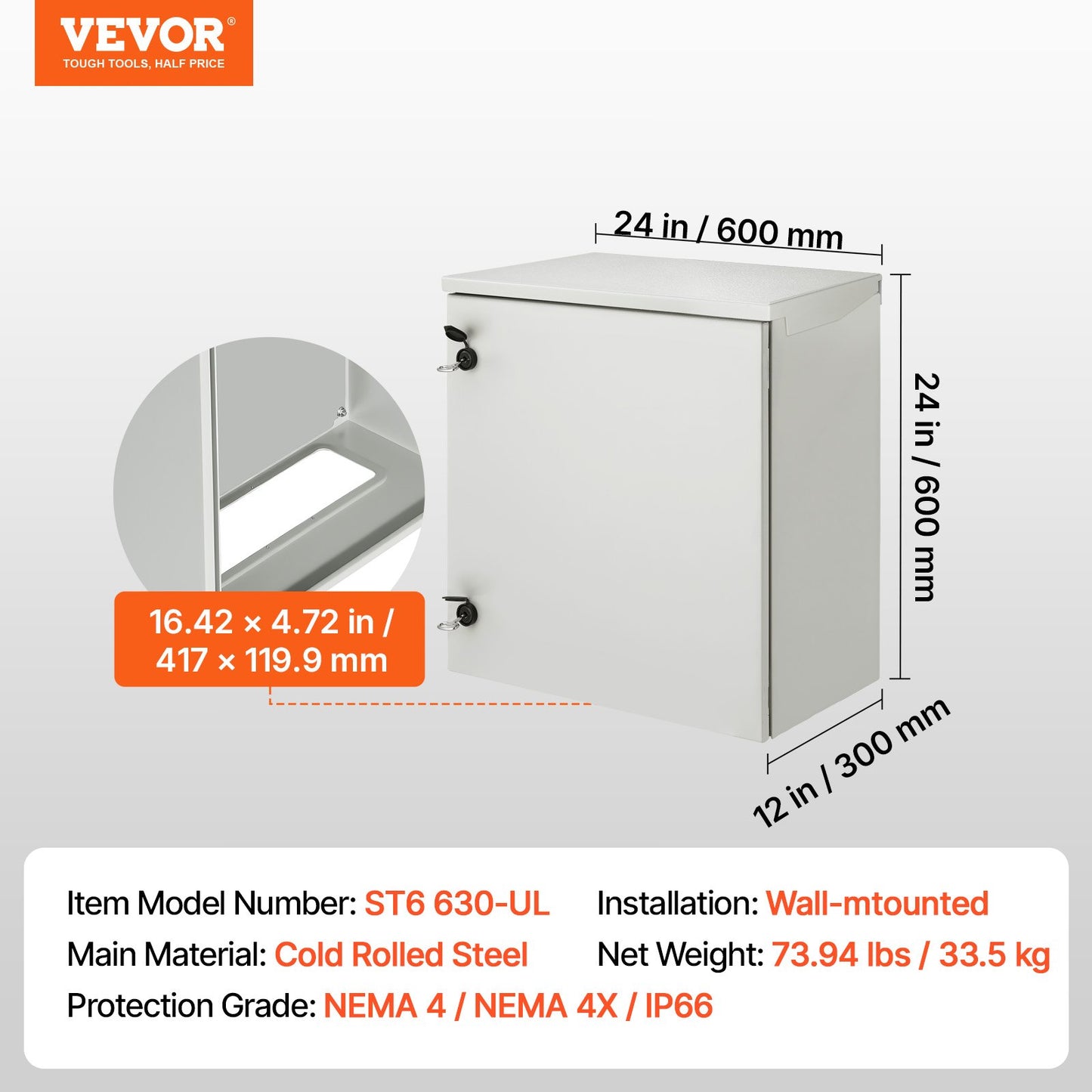 Electrical Enclosure, 24\'\' x 24\'\' x 12\'\', NEMA 4 Outdoor Enclosure, IP65 Waterproof & Dustproof Cold-Rolled Carbon Steel Hinged Junction Box for Outdoor Indoor Use, with Rain