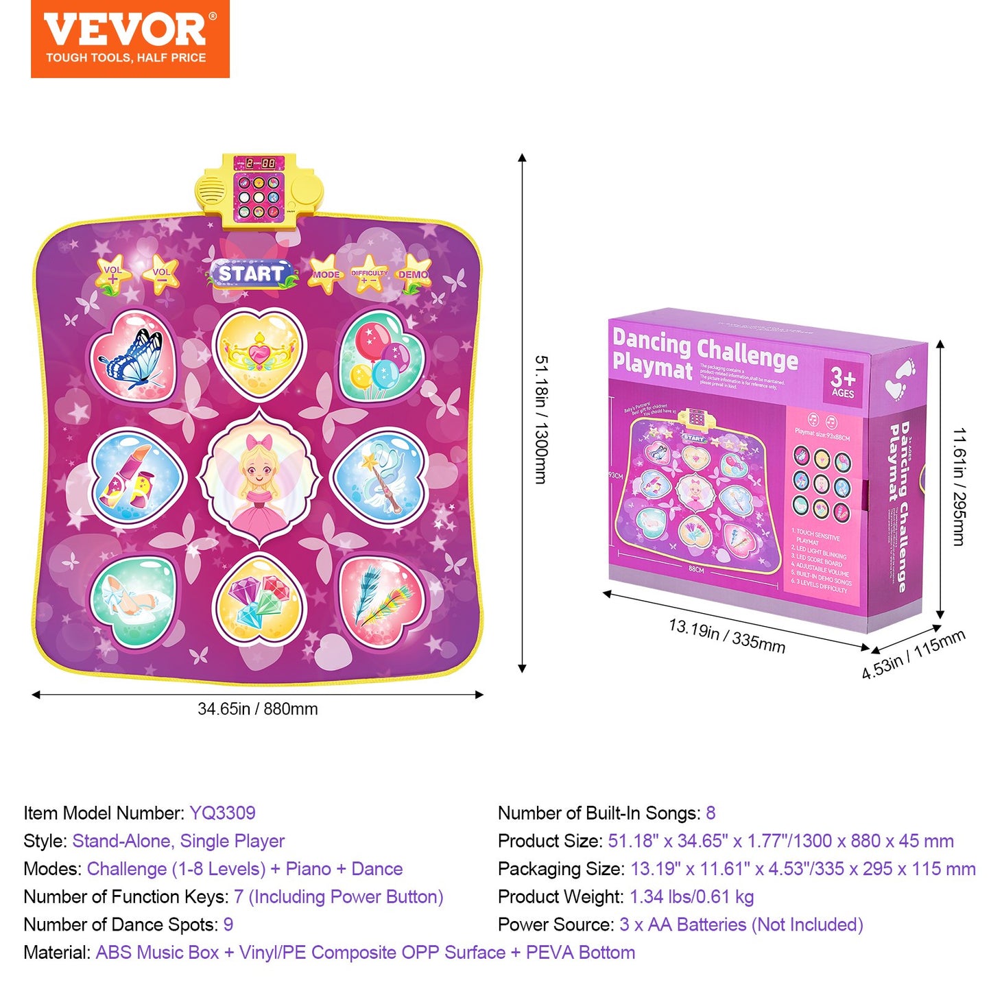 Dance Mat, 9-Button Dance Mixer Rhythm Step Play Mat, Electronic Dance Pad with 3 Game Modes, Adjustable Volume, Built-in Music, 8 Challenge Levels, Birthday Toys Gifts for 3+ Year Old Girls