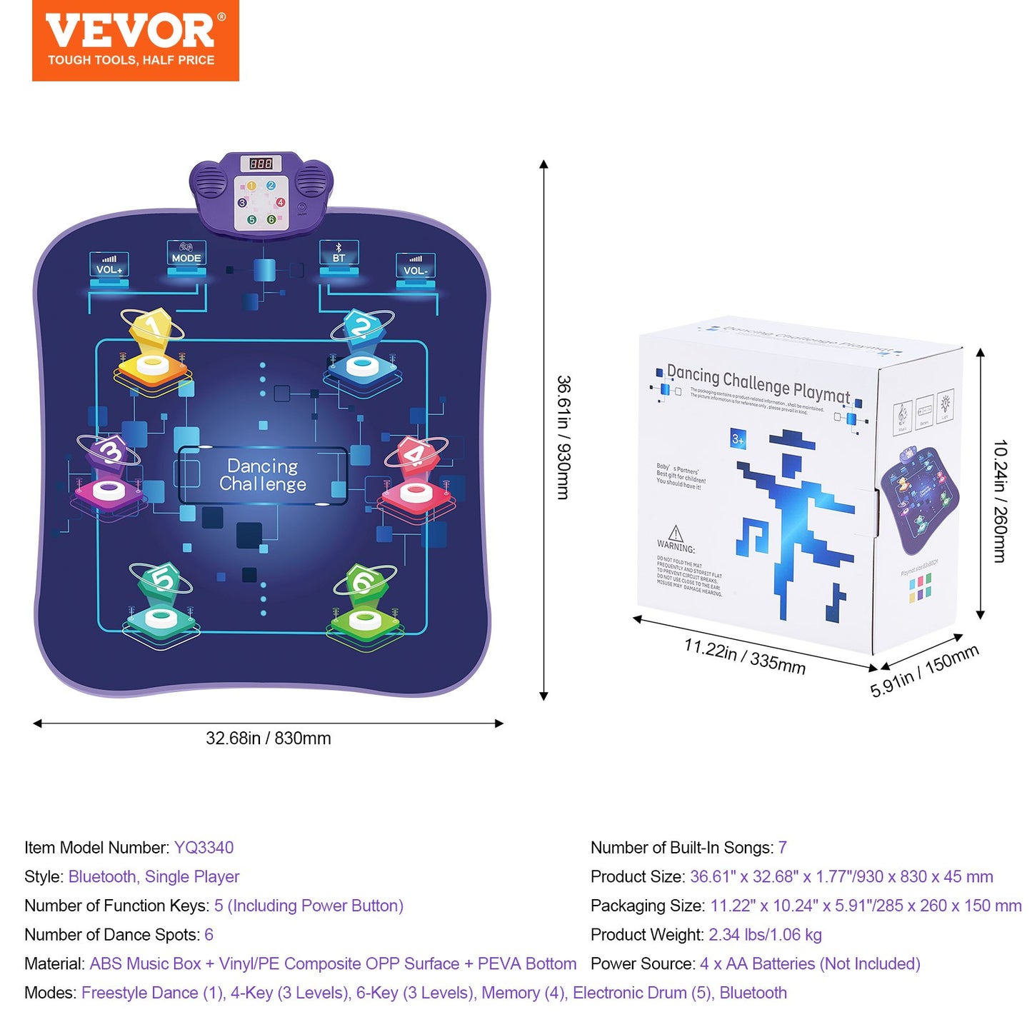 Dance Mat, 6-Button Dance Mixer Rhythm Step Play Mat, Electronic Dance Pad with Wireless Bluetooth, LED Lights, 5 Game Modes, Adjustable Volume, Built-in Music, Toys Gifts for 3+ Year Old Girls