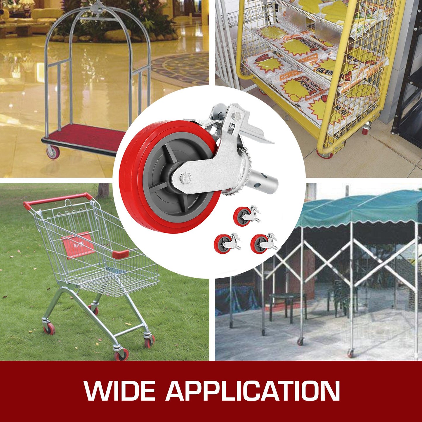 Scaffolding Wheels Set of 4, 8\" - Scaffolding Casters Heavy Duty, 3200 Lbs Per Set - Locking Stem Casters with Brake, Red Polyurethane - Replacement for Scaffold, Shelves, Workbench