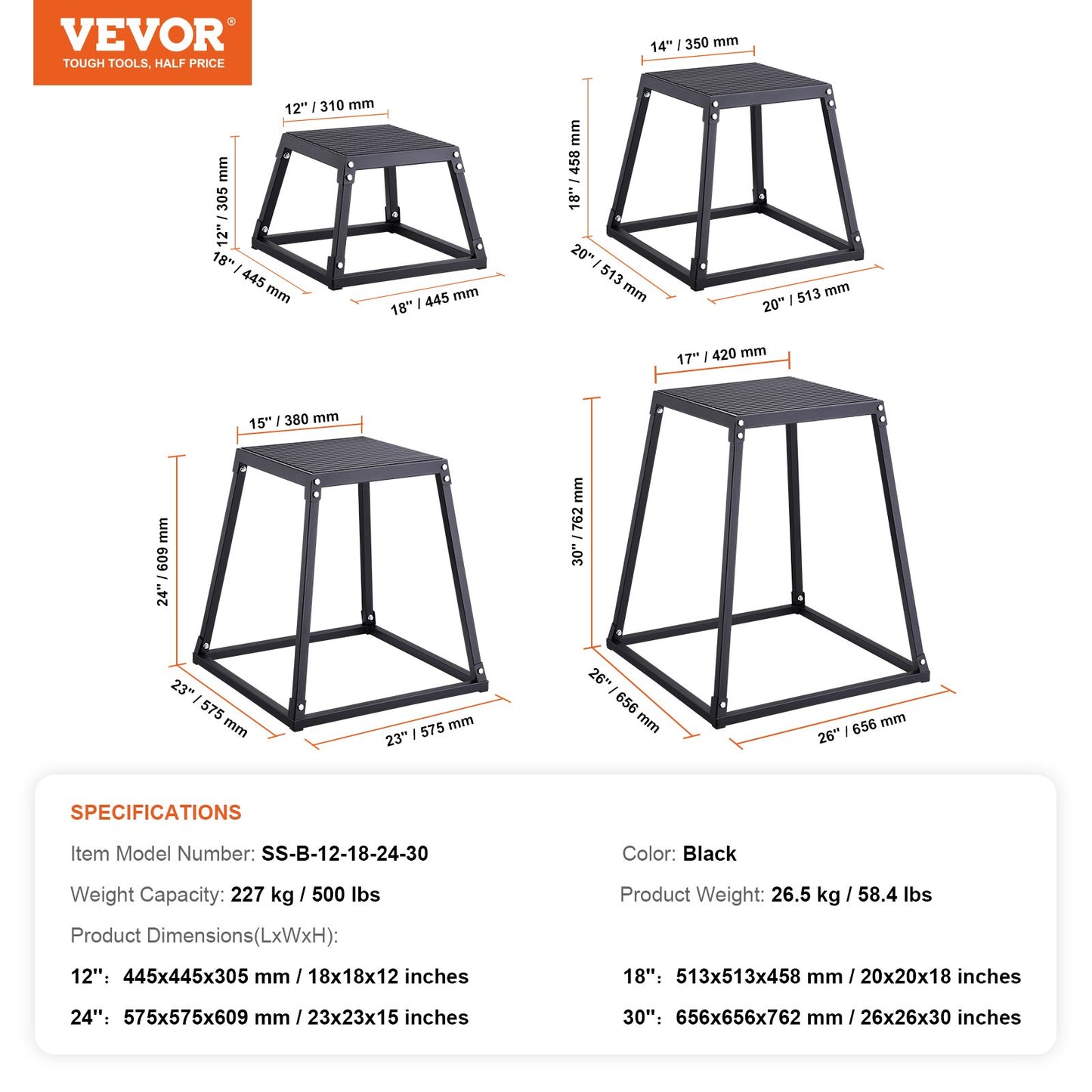 Plyometric Jump Boxes, 12/18/24/30 Inch Plyo Box, Platform and Jumping Agility Box, Anti-Slip Fitness Exercise Step Up Box Set for Home Gym Training, Conditioning Strength Training, Black