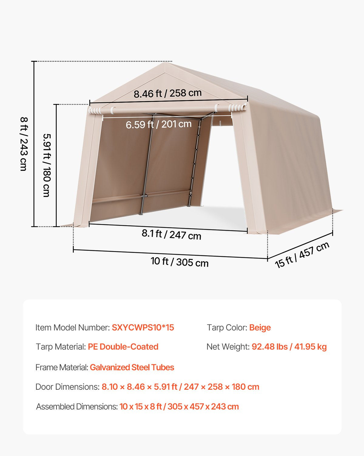 Outdoor Storage Shed, 10 x 15 ft Portable Storage Tent with 2 Roll-up Doors & Vents, Waterproof Canopy Shed Shelter, Heavy Duty Frame, Patio Garage Carport for Motorcycle Lawn Mower, Beige
