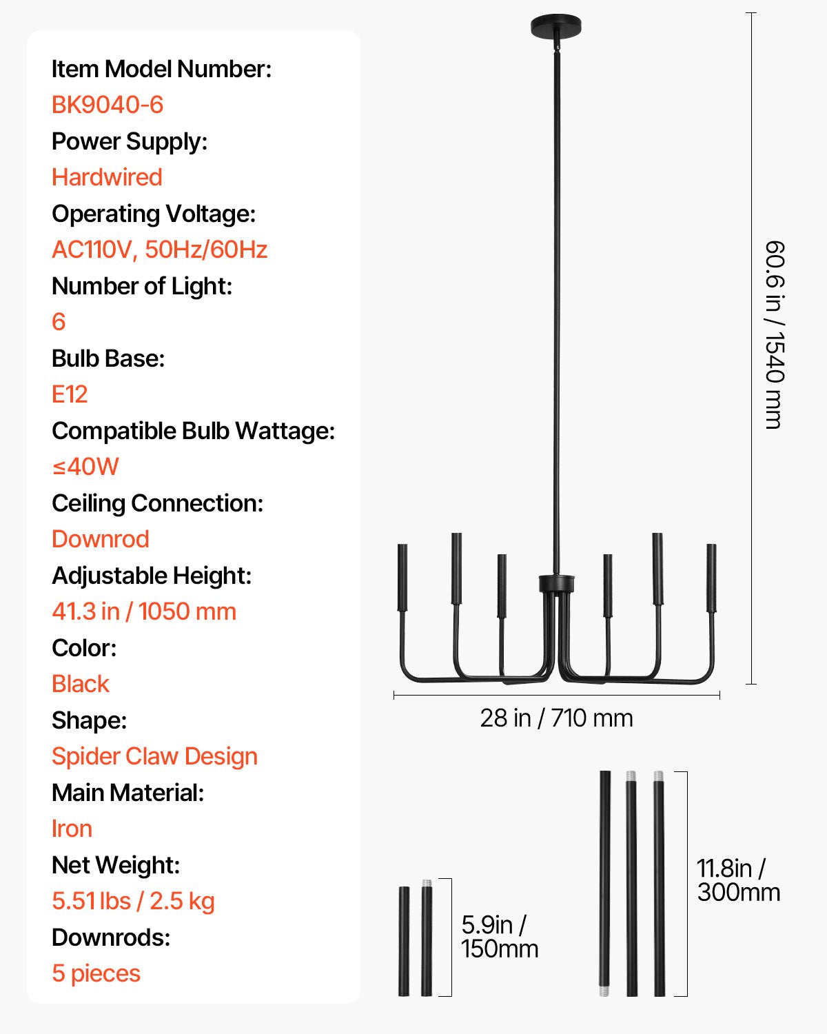 6-Light Chandelier, Black Farmhouse Chandelier, Adjustable Height, Dining Room Hanging Light Fixture for Ceilings, Modern Chandelier for Bedroom, Foyer, Hall, Kitchen, Living Room and Entryway