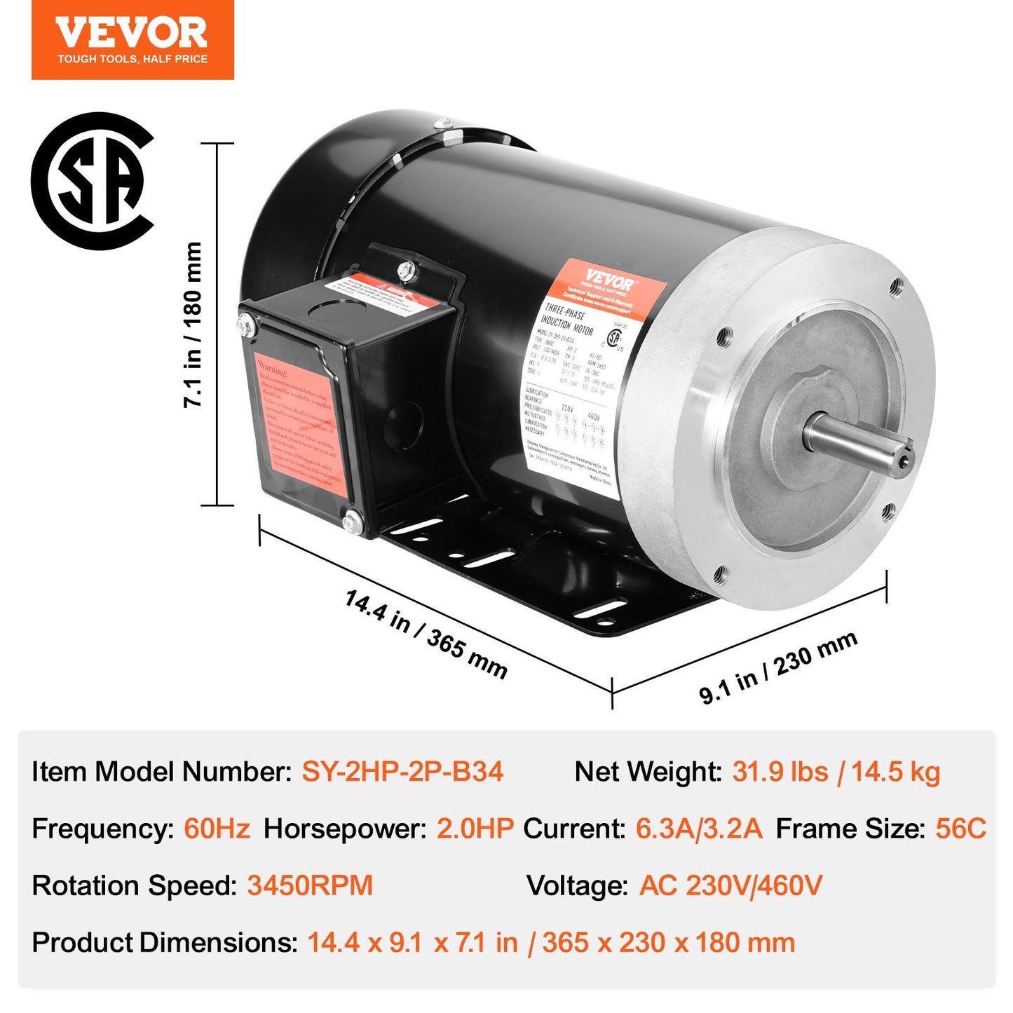2HP Electric Motor 3450 rpm, AC 230V/460V, 56C Frame, Air Compressor Motor 3-Phase, 5/8" Keyed Shaft, CW/CCW Rotation for Agricultural Machinery and General Equipment