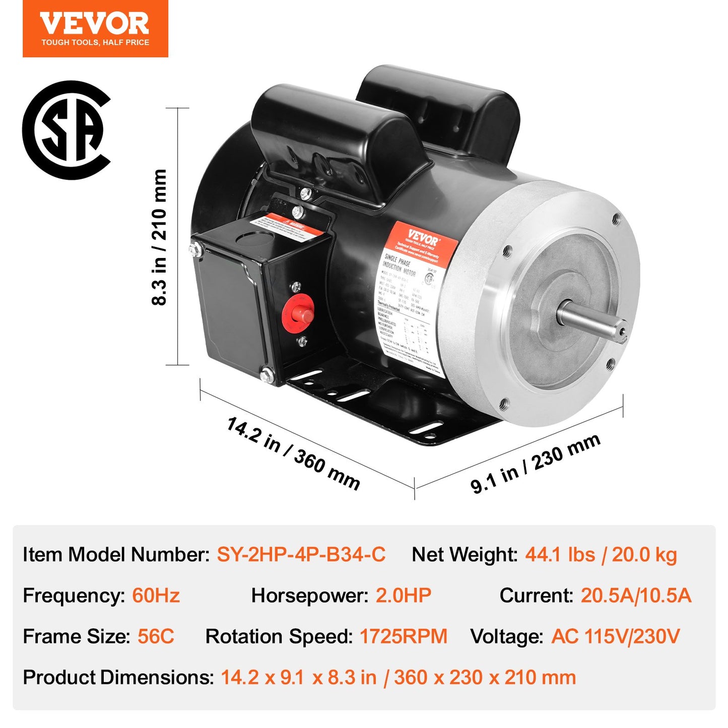2HP Electric Motor 1725 rpm, AC 115V/230V, 56C Frame, Air Compressor Motor Single Phase, 5/8" Keyed Shaft, CW/CCW Rotation for Agricultural Machinery and General Equipment