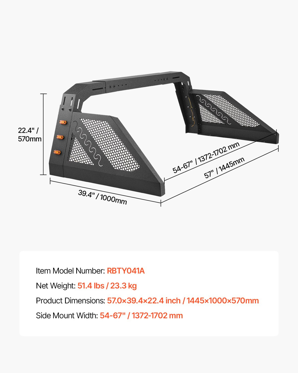 Truck Bed Roll Bar, Universal Pickup Sport Adjustable Bar Chase Rack Compatible with Full-Size Truck, Carbon Steel Construction with 6 Amber Auxiliary Lights, No Rack Included