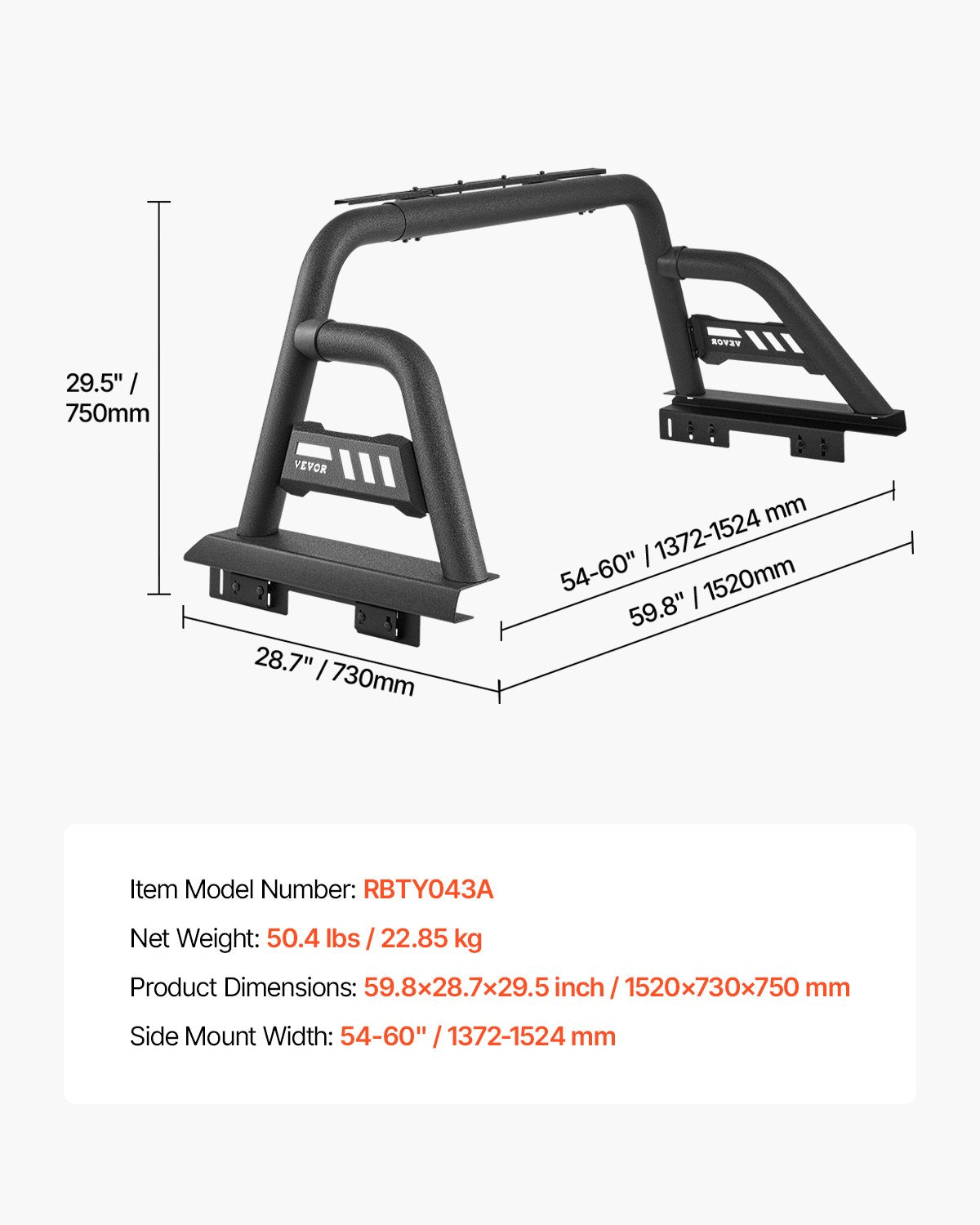 Truck Bed Roll Bar, Universal Pickup Sport Adjustable Bar Chase Rack Compatible with Mid-Size Truck, Carbon Steel Construction with Extension Light Bracket, No Rack Included