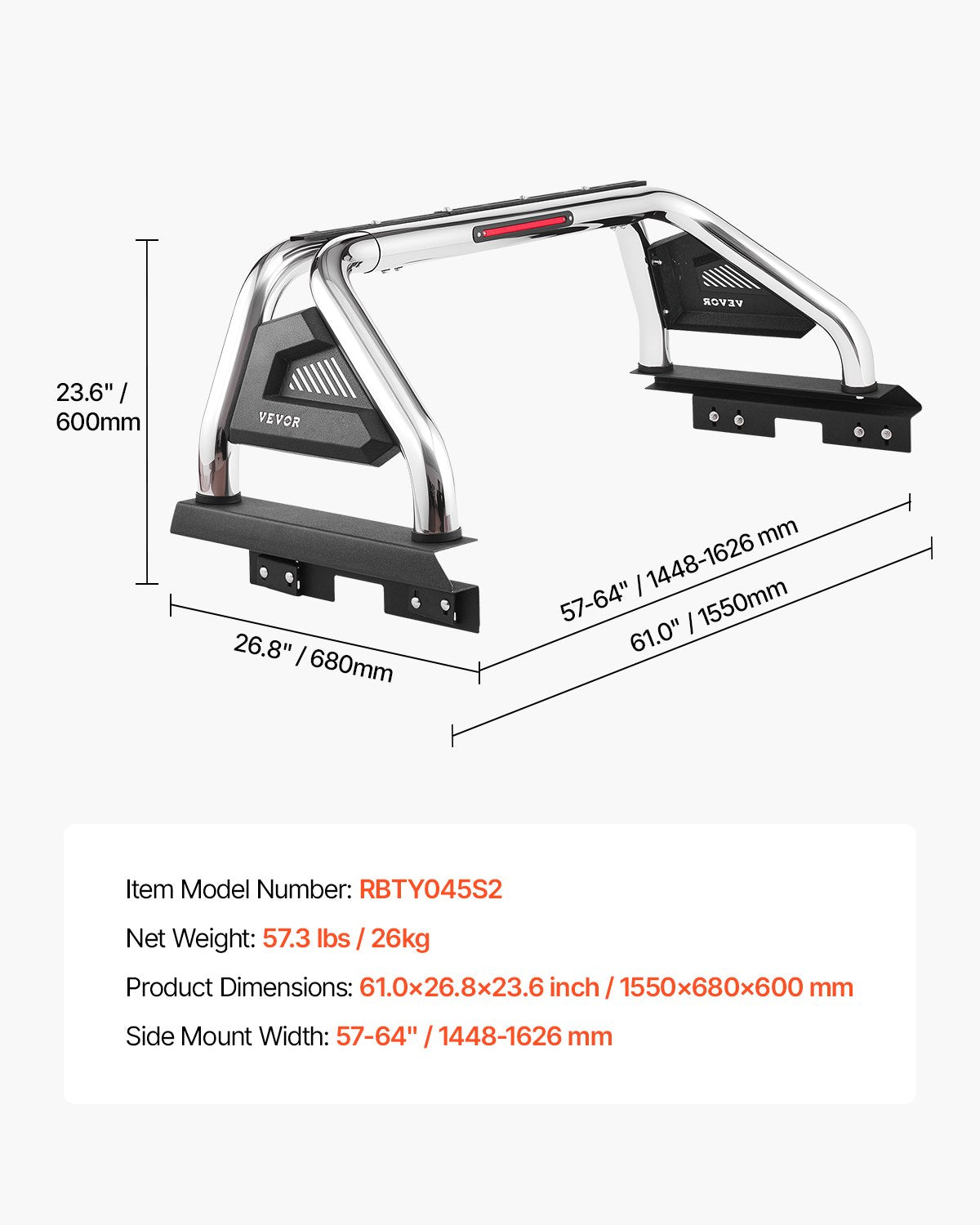 Truck Bed Roll Bar, Universal Adjustable Sport Bar Chase Rack Compatible with Full-Size & Mid-Size Pickup, With LED Brake Light, Stainless Steel + Carbon Steel No Rack Included